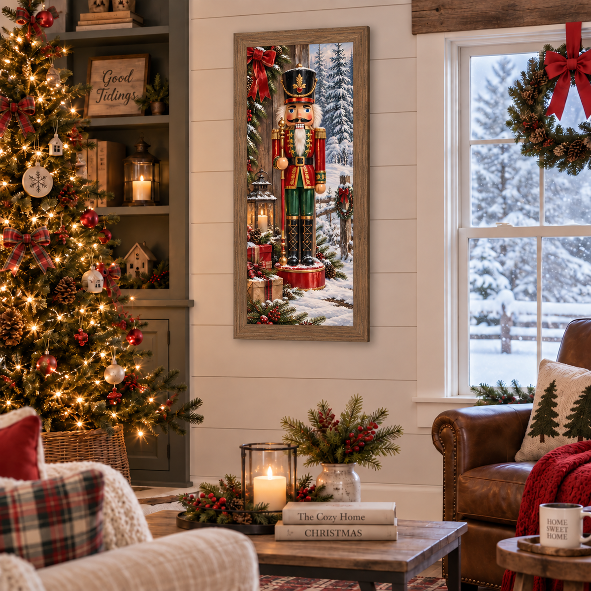 Nutcracker soldier wall art in a farmtable frame on a shiplap wall beside a Christmas tree