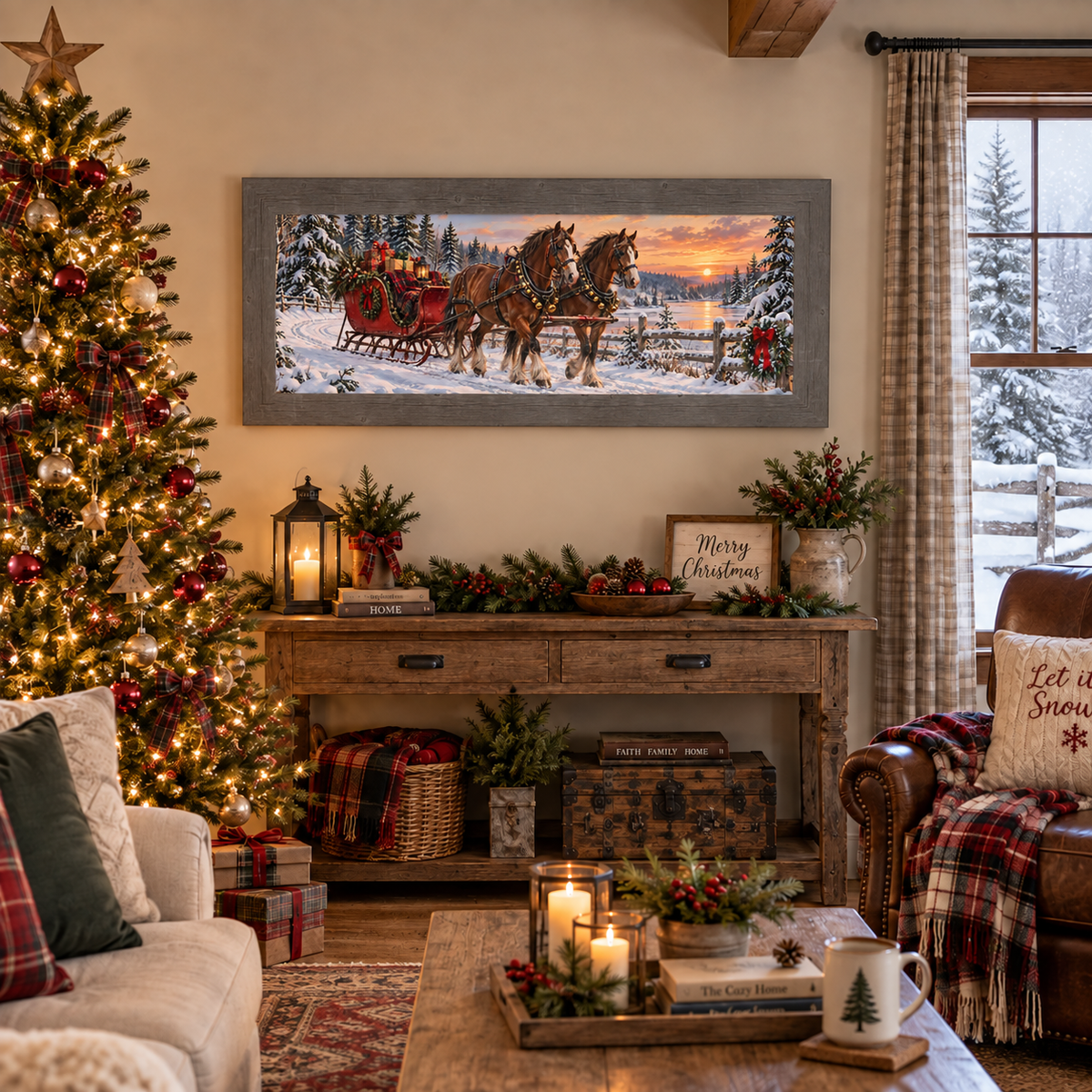 Horse-drawn sleigh wall art in a gray frame above a console table in a cozy Christmas living room