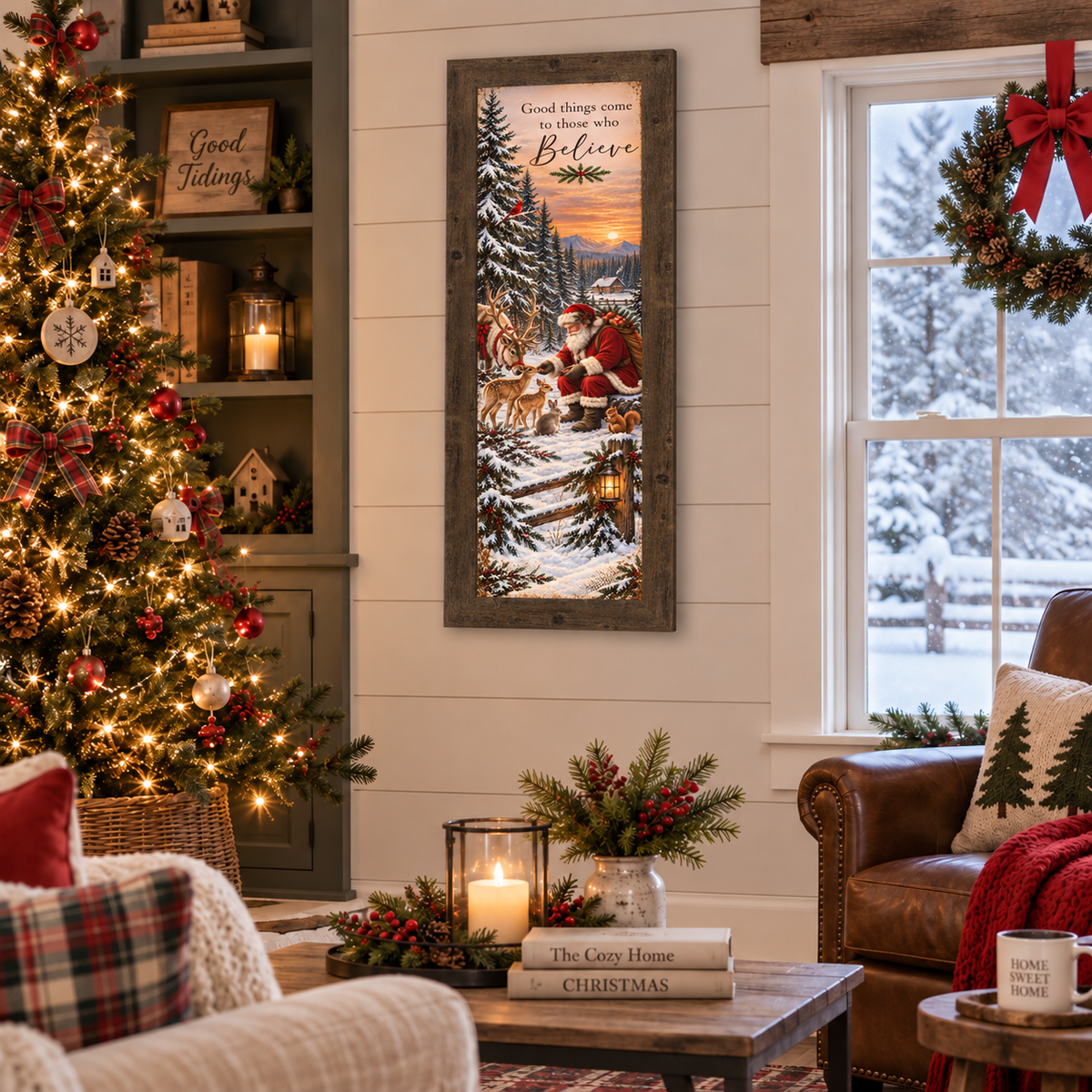 Santa feeding the animals wall art in a natural brown frame on a shiplap wall beside a Christmas tree