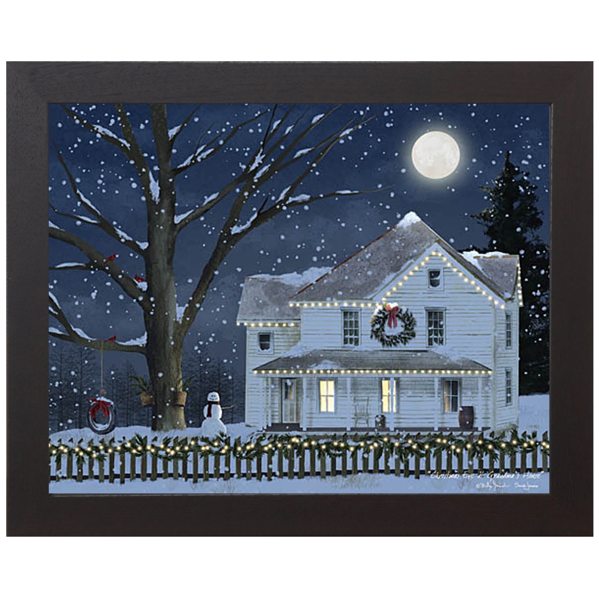 Framed snowy farmhouse scene with Christmas lights inspired by Billy Jacobs with hand-glittered accents