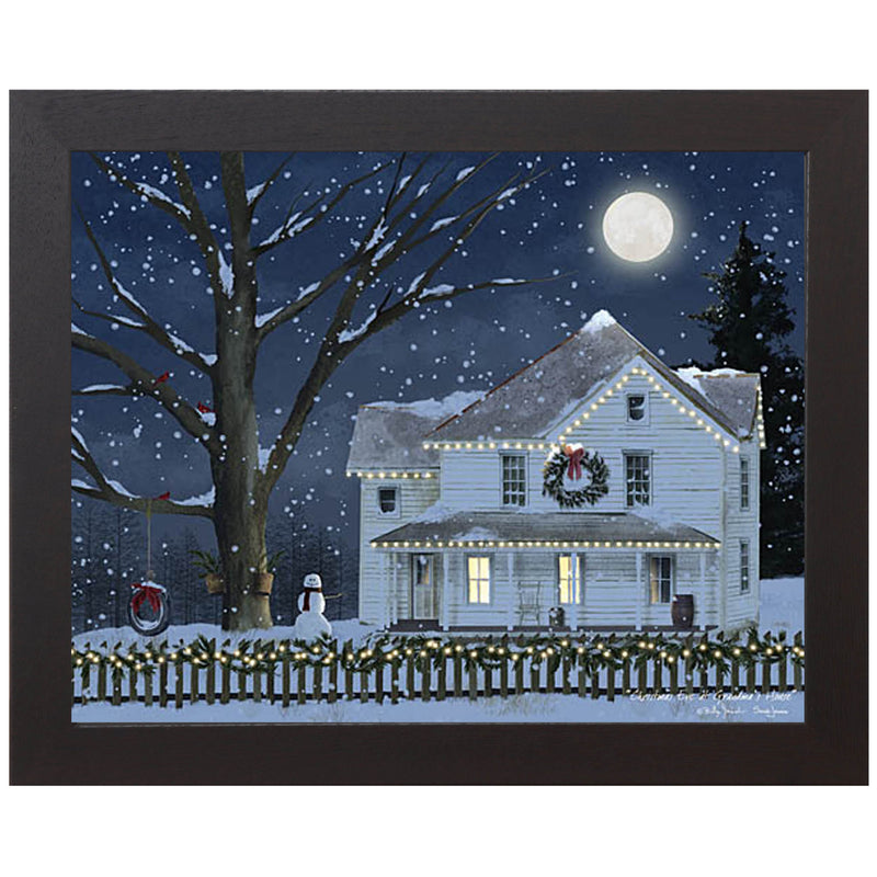 Framed snowy farmhouse scene with Christmas lights inspired by Billy Jacobs with hand-glittered accents