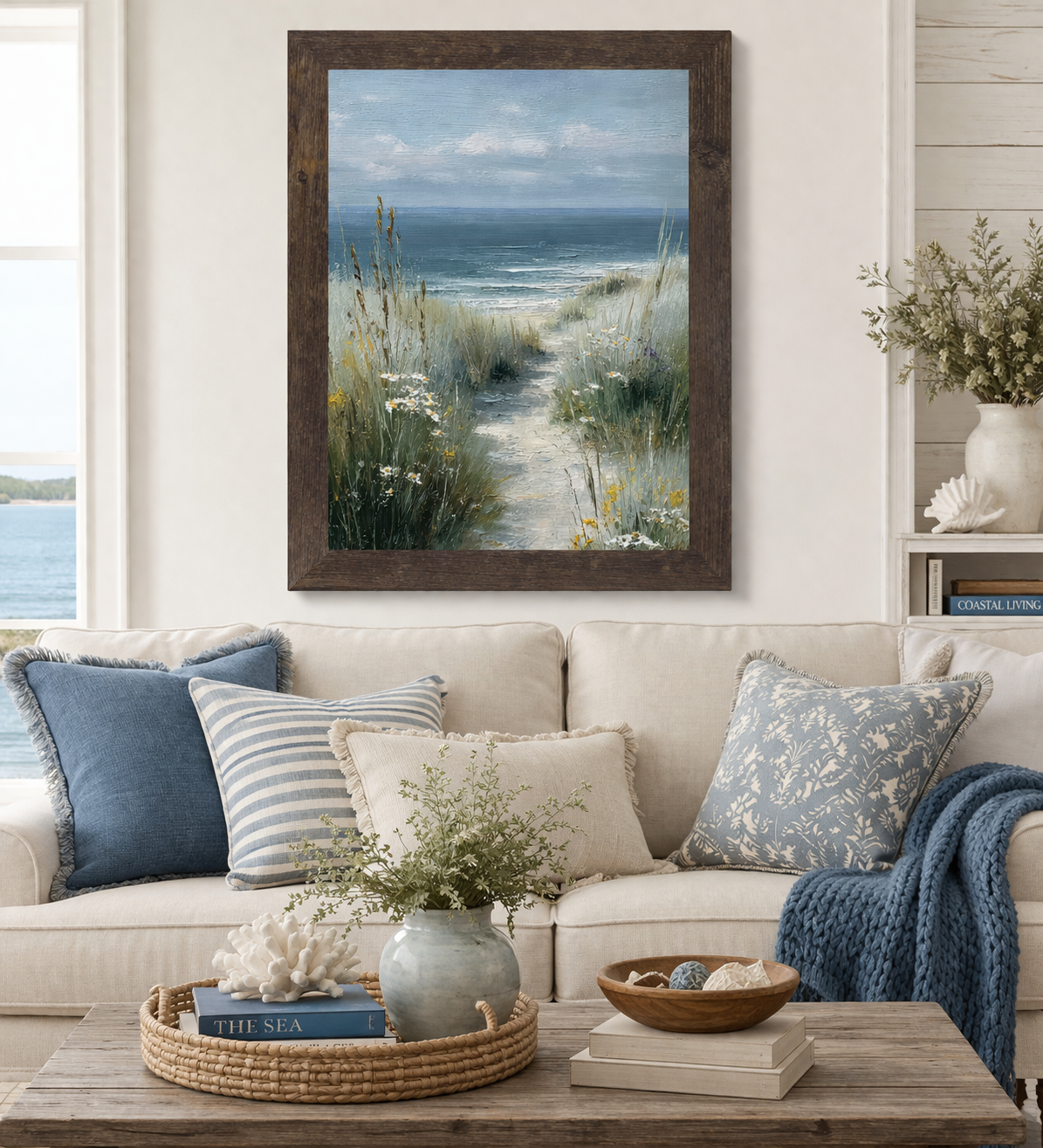 Natural Brown framed coastal path portrait wall art displayed above a cream sofa in a coastal living room with blue and striped pillows blue knit throw coral piece and a coffee table with water visible through the window