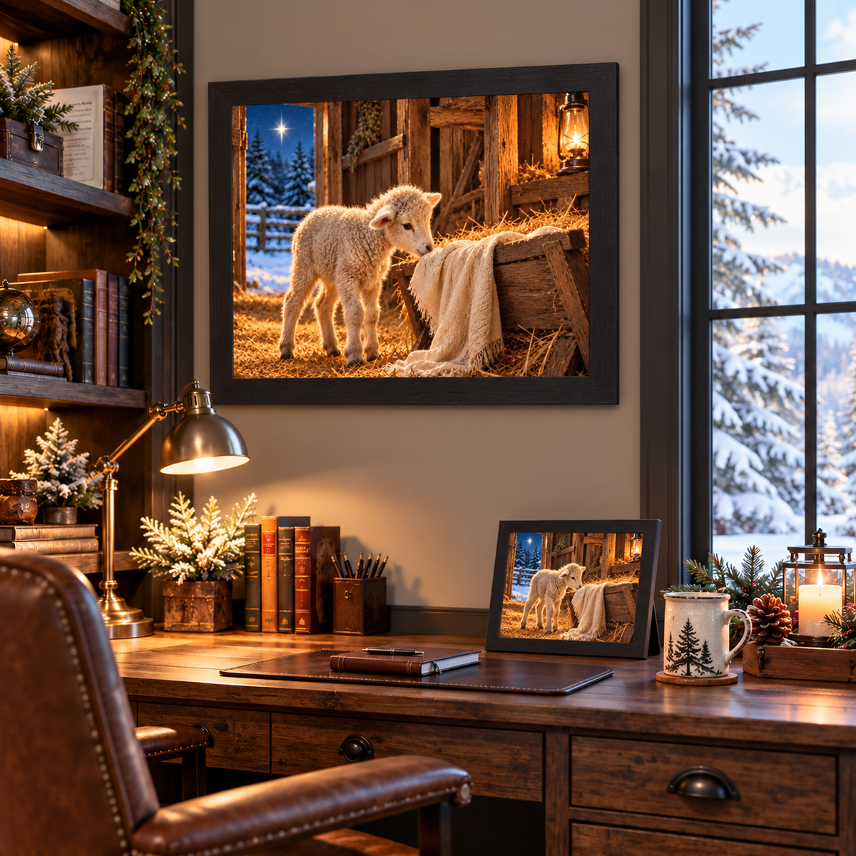 Black framed lamb nativity wall art displayed on a cozy home office wall above a rustic wooden desk with bookshelves and a brass lamp, alongside a matching smaller piece on the desk beside a pine mug and lantern
