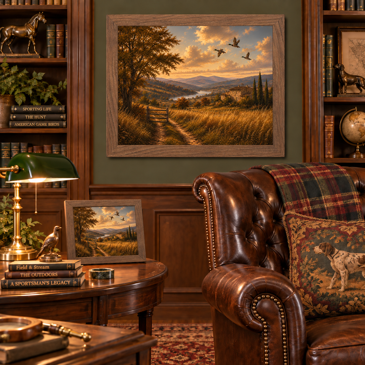 Farmtable framed vintage mallard sporting art displayed above a leather chesterfield chair in a traditional study with built-in bookshelves, a brass banker's lamp, sporting-themed books, and a matching smaller piece on a wood side table with a bird figurine