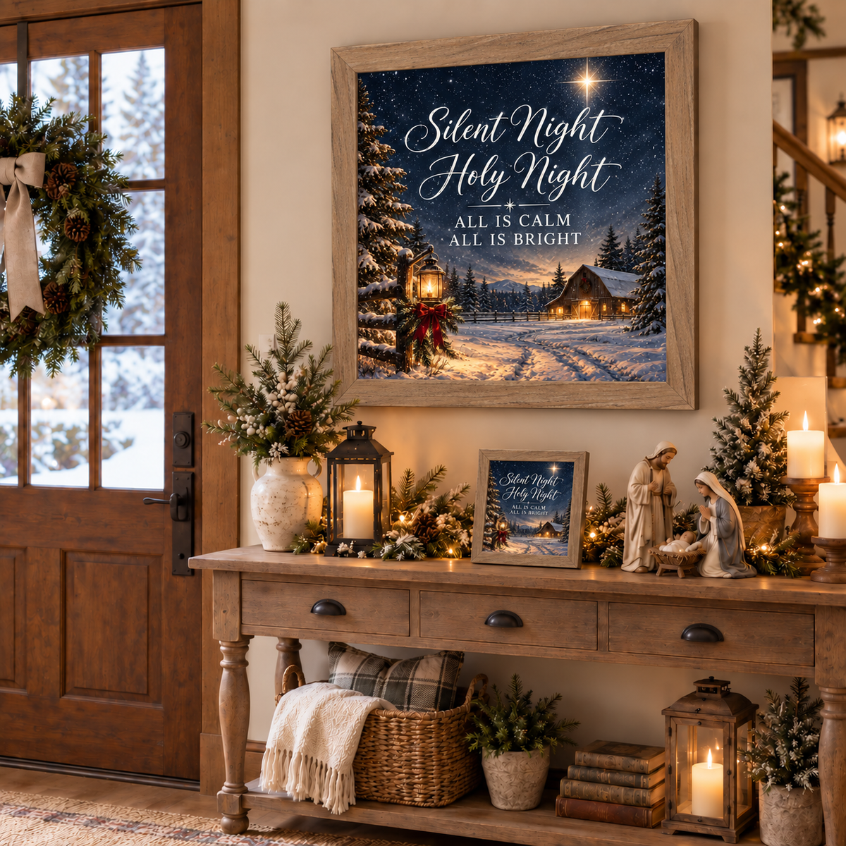 "Farmtable framed Silent Night Holy Night Christmas wall art displayed on an entryway console table beside a nativity figurine set and lanterns, alongside a matching smaller piece on the tabletop"