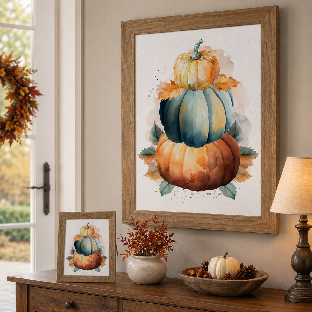 Farmtable framed stacked pumpkins watercolor wall art NS393 displayed large on entryway wall above console table beside front door with fall wreath — easel back on console table beside rust branches in ceramic vase white pumpkin and pine cones in dough bowl — three stacked watercolor pumpkins in orange teal and golden yellow with fall leaves on soft white background