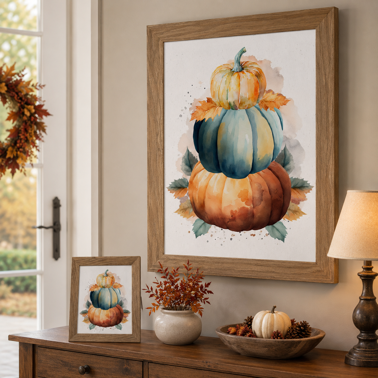 Farmtable framed stacked pumpkins watercolor wall art NS393 displayed large on entryway wall above console table beside front door with fall wreath — easel back on console table beside rust branches in ceramic vase white pumpkin and pine cones in dough bowl — three stacked watercolor pumpkins in orange teal and golden yellow with fall leaves on soft white background