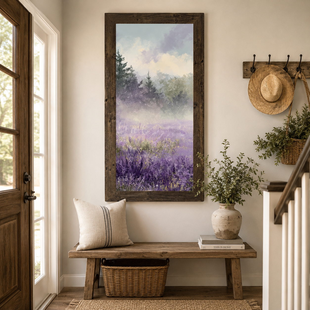 Farmhouse entryway with Lavender Field Left Panel wall art SB746 in a natural brown tall portrait frame above a wooden bench — misty purple lavender wildflower field with dark evergreen trees