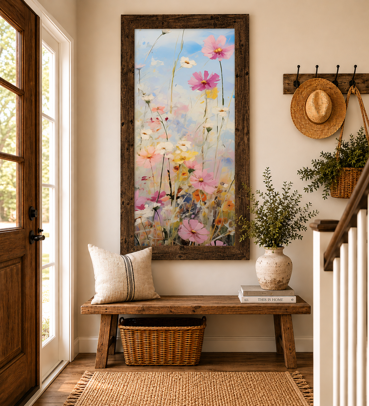 Farmhouse entryway with Cosmos Meadow Right Panel wall art SB729 in a natural brown tall portrait frame above a wooden bench — impressionist pink and white cosmos wildflowers with yellow accents on soft blue lavender sky