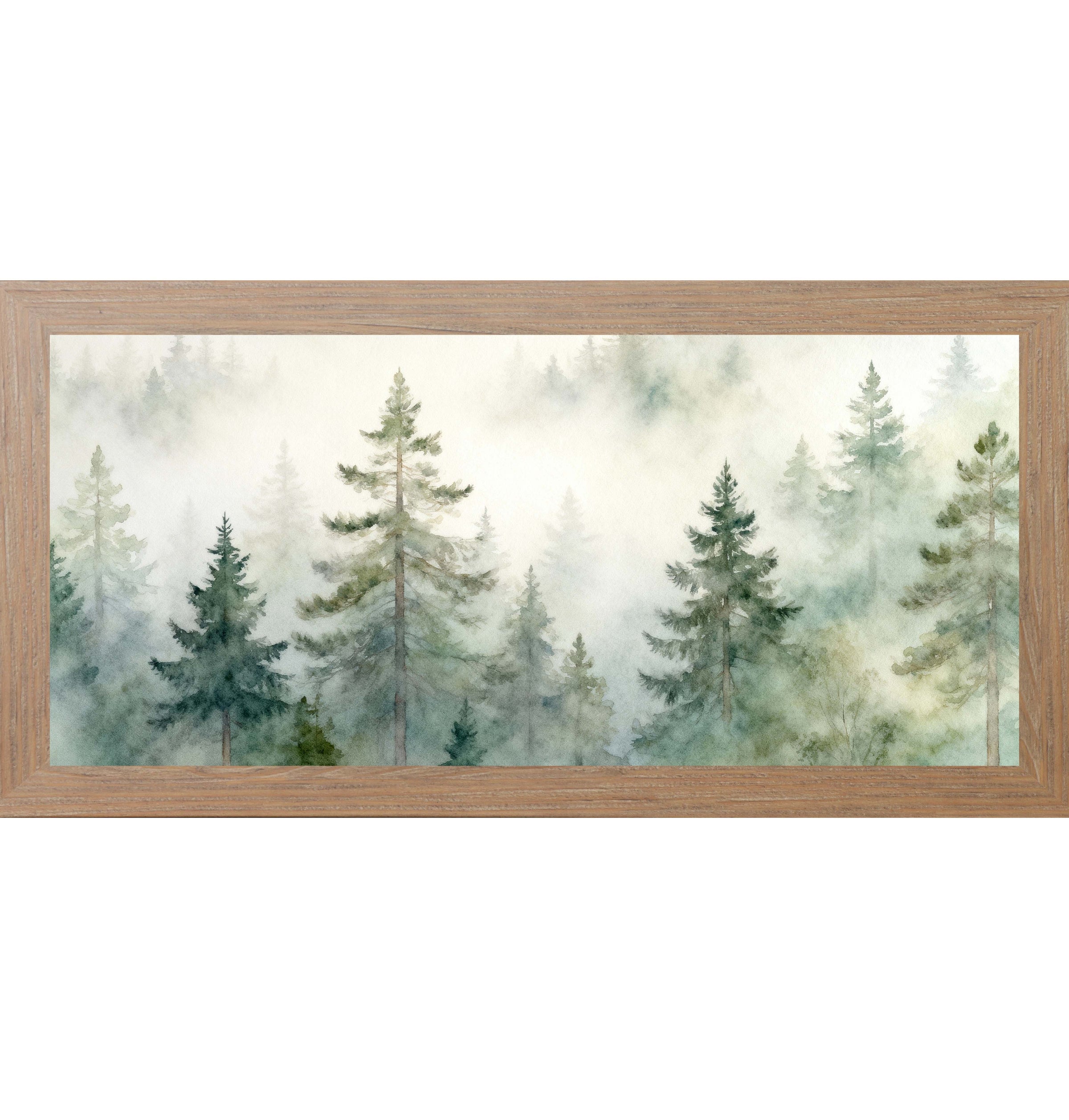 Misty Evergreen Forest – Wide Watercolor Pine Tree Framed Wall Art | Calm Nature Decor (SB725)
