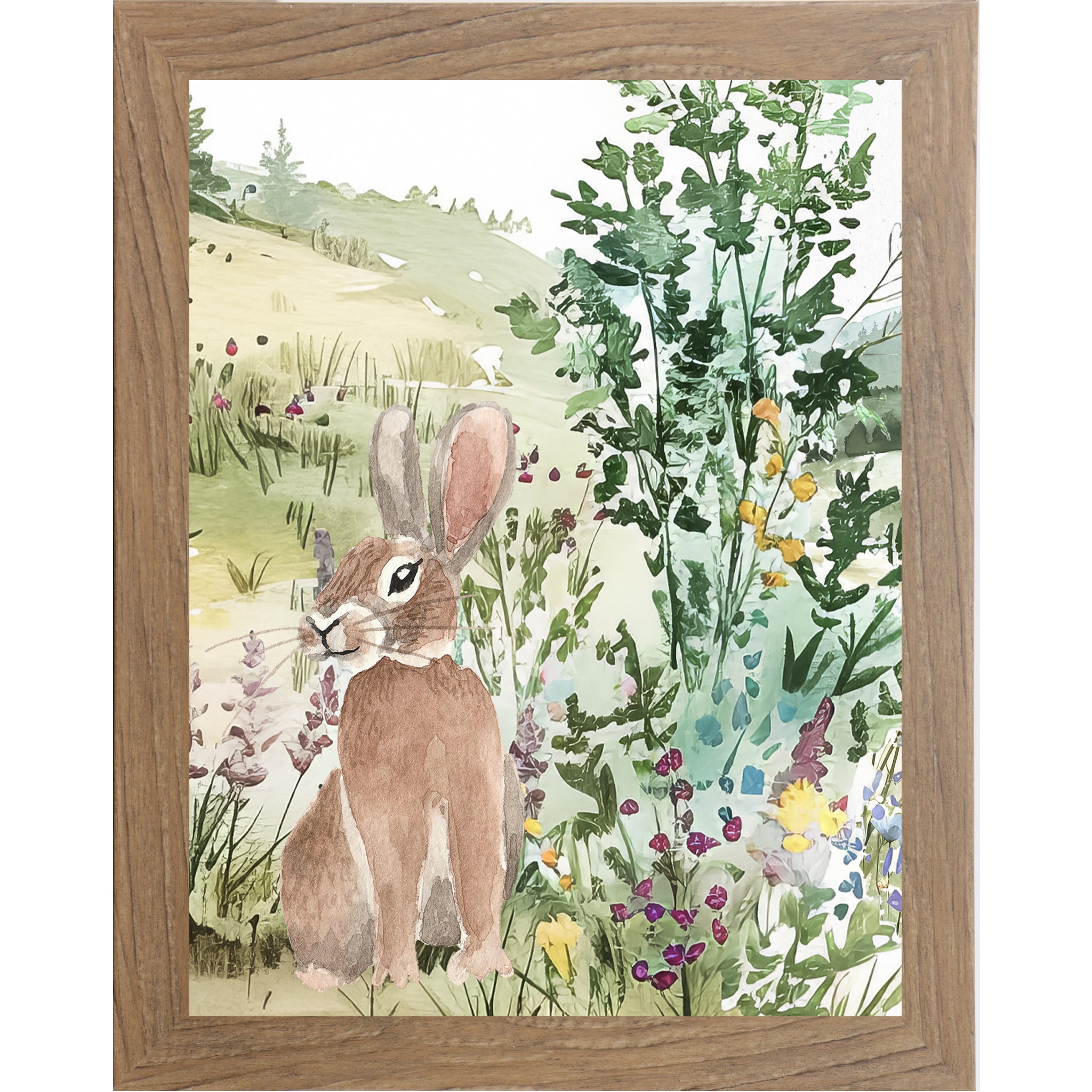 Floral Bunny Meadow Wall Art – Soft Watercolor Spring Decor, Neutral Nature Artwork (SB149)