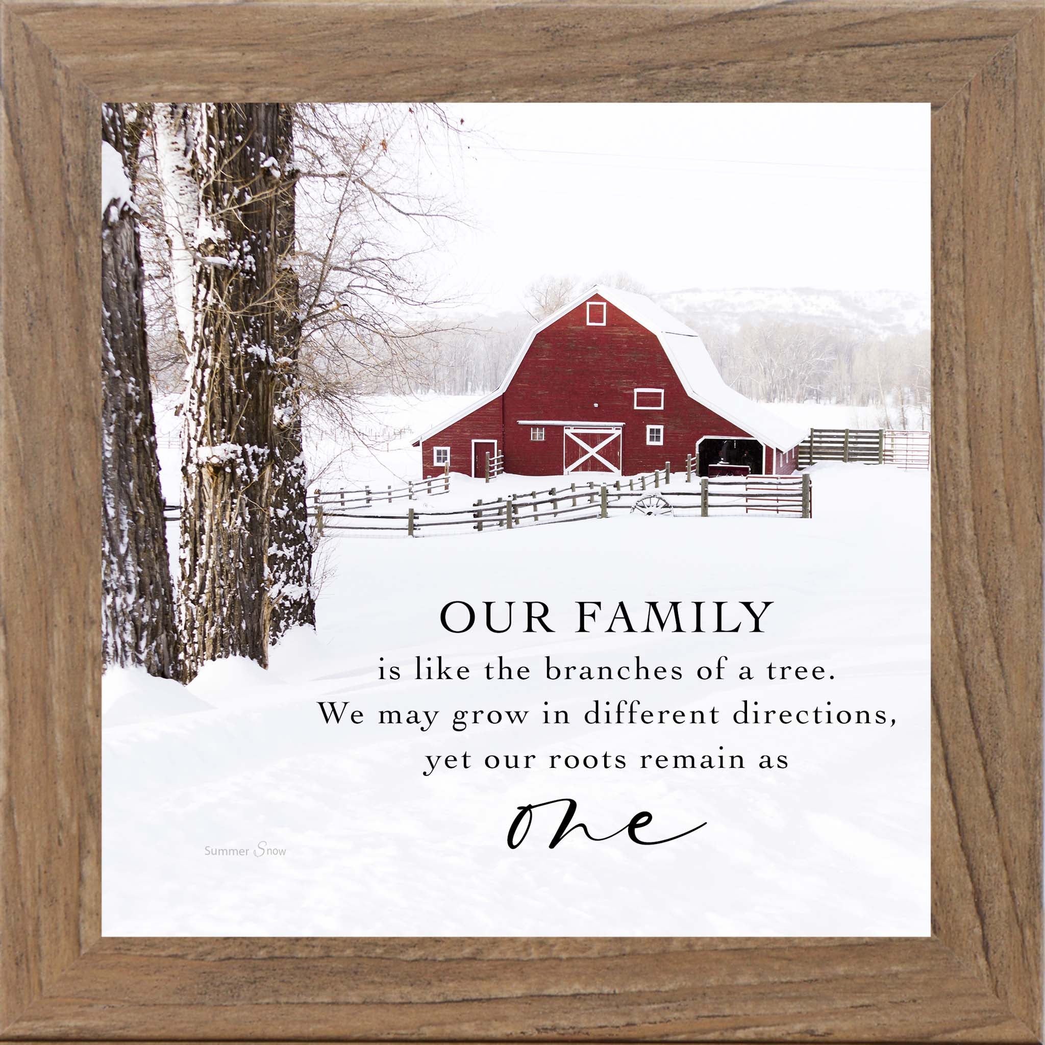 Our Family Wall Art – Winter Farm Family Quote, Rustic Red Barn Home Decor (SA110) - Summer Snow Art
