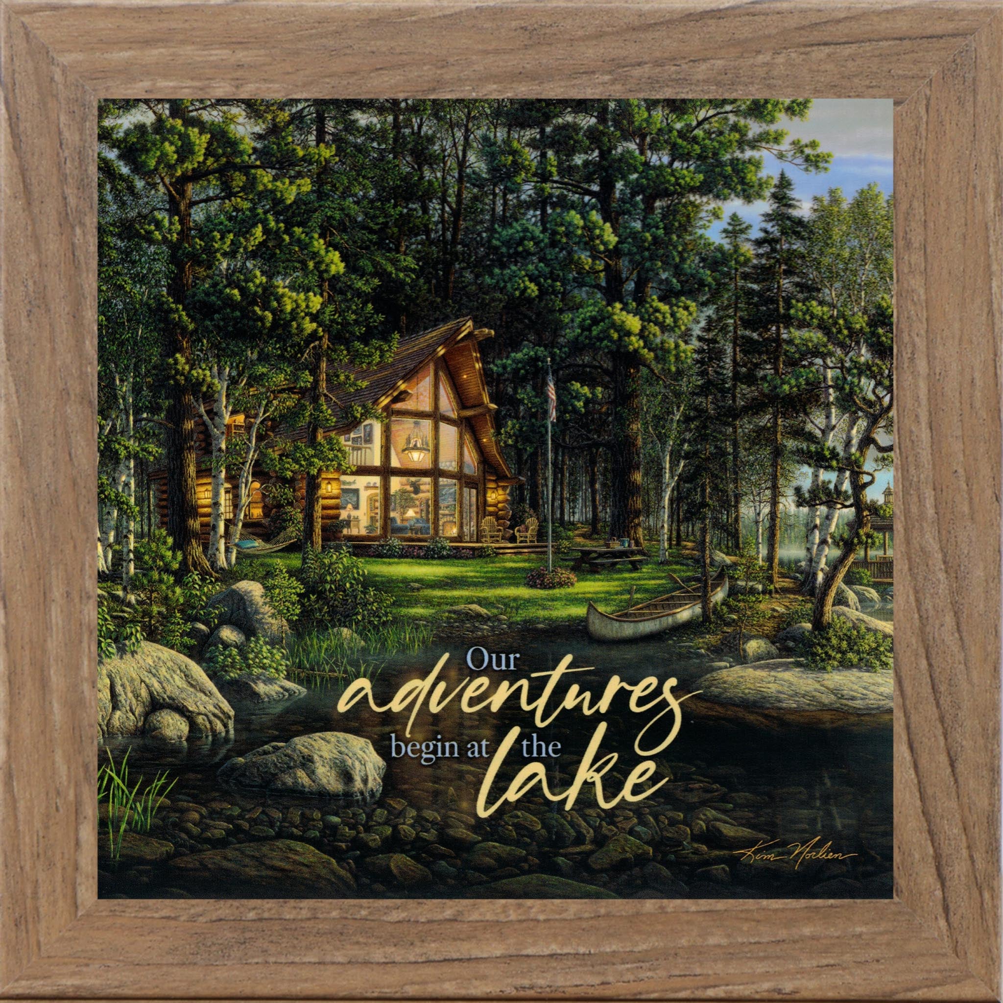 Our Adventures Begin at the Lake – Framed Lake House Wall Art with Cabin Scene (KN47)