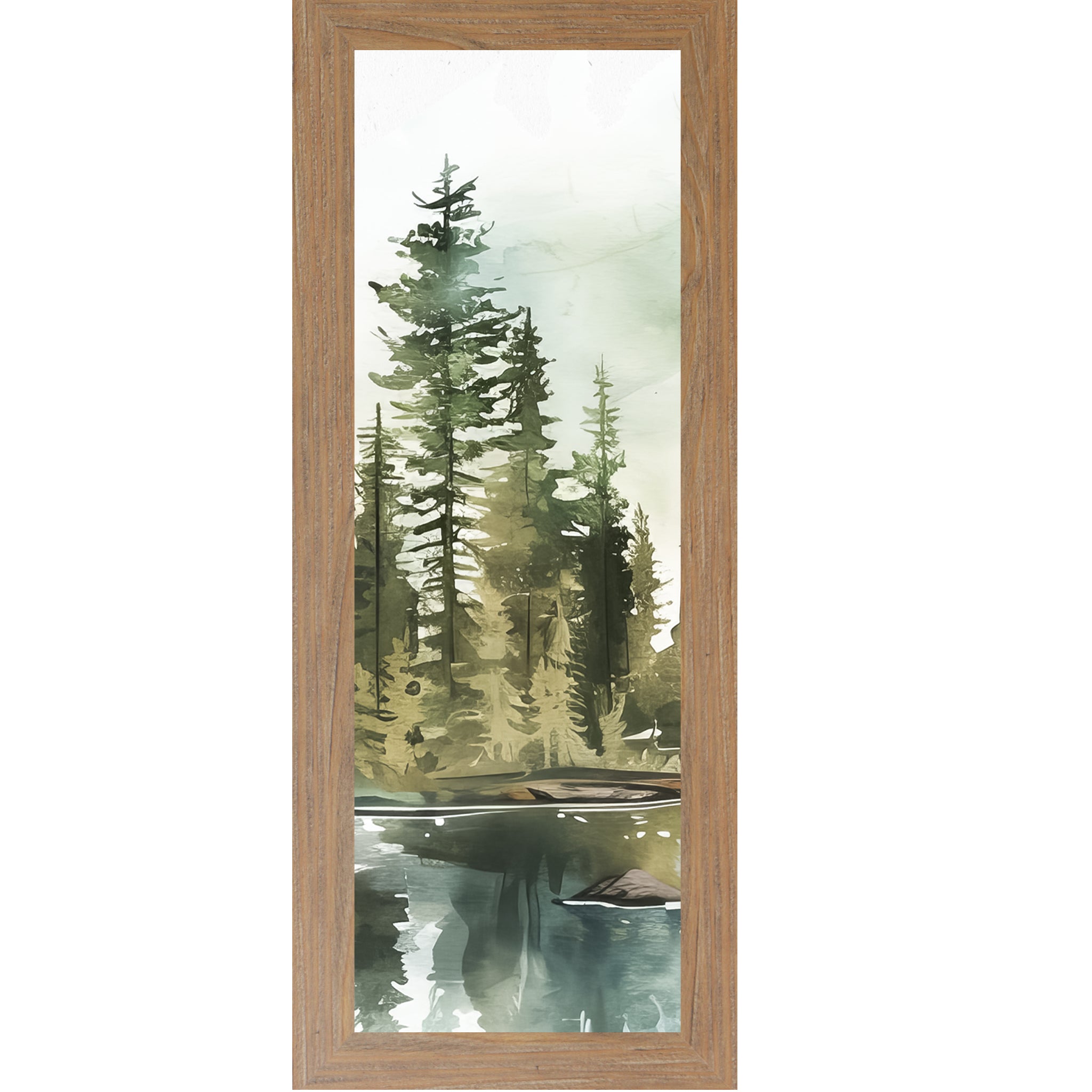 Misty Pine Lake Watercolor Wall Art | Vertical Forest & Lake Framed Art (SB900)