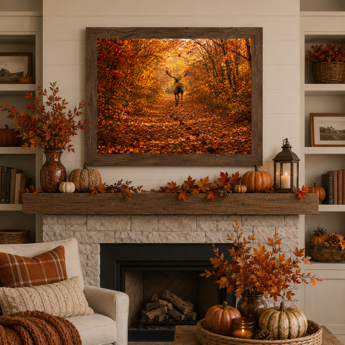 Natural brown framed horizontal autumn deer forest path wall art featuring a deer walking into blazing crimson and amber fall forest displayed as a large 32x26 statement piece above a stone fireplace mantle in a fully decorated fall living room with pumpkins fall leaf garland lantern and plaid pillows