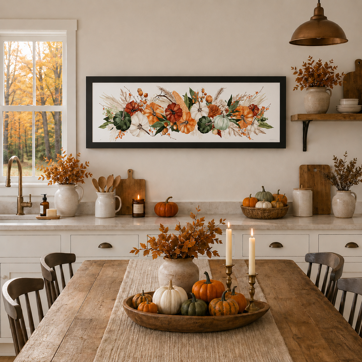 Farmhouse kitchen dining room with Harvest Wide Landscape wall art SB949 in a black frame above the counter — panoramic watercolor autumn pumpkins corn wheat and harvest florals