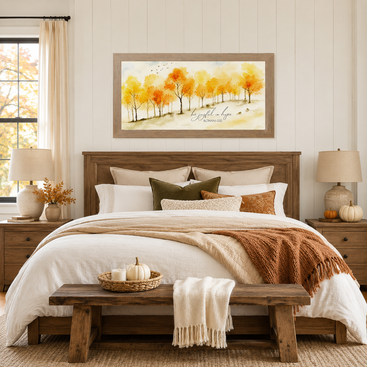 Farmtable framed Be Joyful In Hope Romans 12:12 wide landscape wall art SN704 displayed large above bed in cozy fall farmhouse bedroom with shiplap walls — rust orange throw olive and rust accent pillows pumpkins on nightstands wood bench at foot of bed — watercolor golden orange and yellow autumn trees with birds in flight on warm cream background