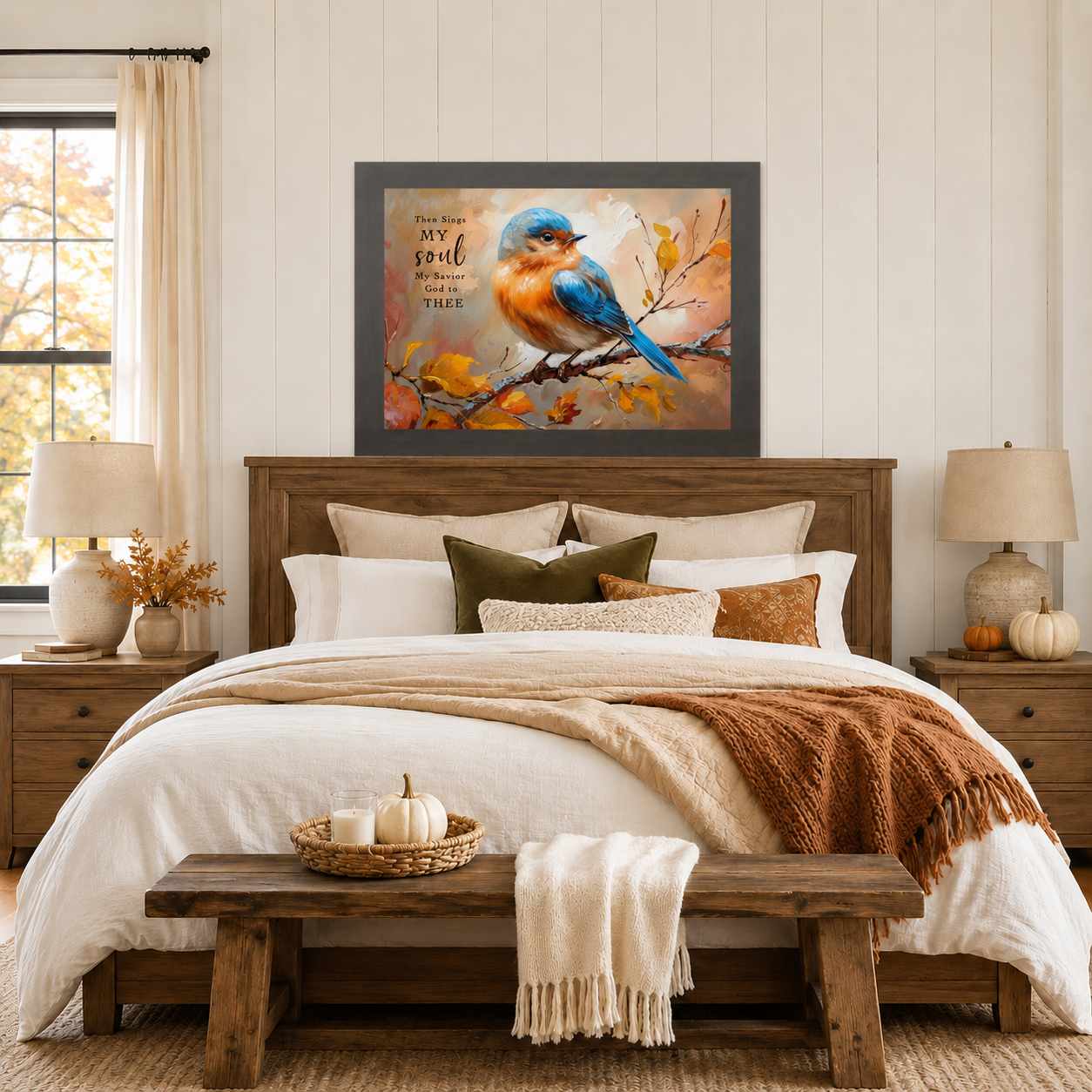 Slatewood framed Then Sings My Soul How Great Thou Art bluebird autumn wall art NS349 displayed large above bed in cozy fall farmhouse bedroom with shiplap walls — rust orange throw olive and rust accent pillows pumpkins on nightstands wood bench — vivid blue bluebird perched on autumn branch with orange gold and russet fall leaves
