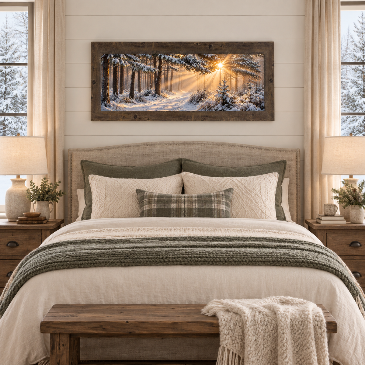Natural brown framed wide panoramic sunrise forest wall art displayed above an upholstered bed headboard in a cozy bedroom with sage and cream pillows, a knit throw, and nightstand lamps with greenery
