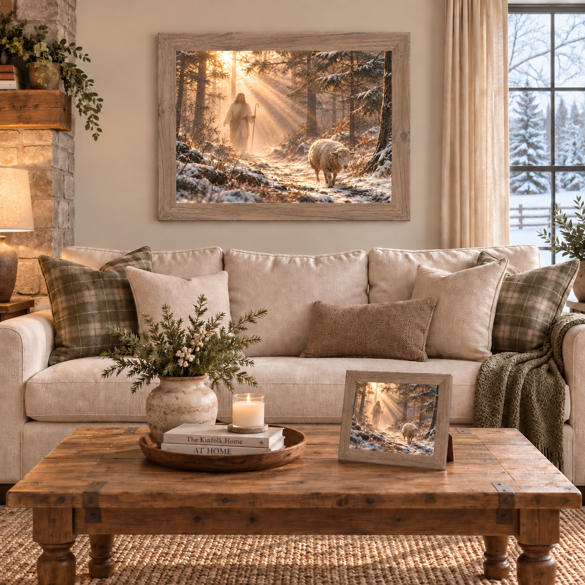 Farmtable framed Good Shepherd winter Christian wall art displayed above a cream sofa with plaid and textured pillows, a stone fireplace nearby, alongside a matching smaller piece on a wooden coffee table styled with a candle and books