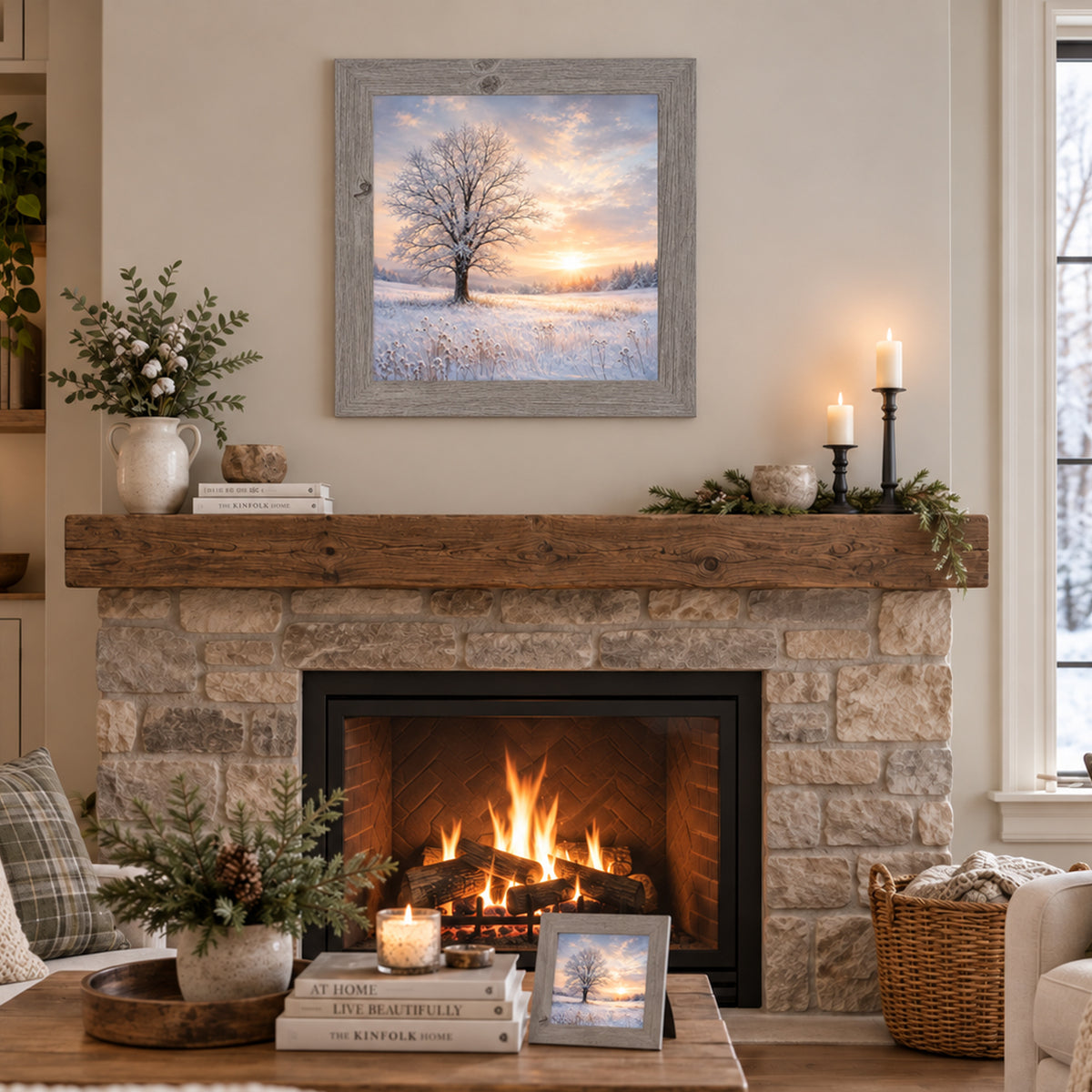 Gray framed winter sunset tree wall art displayed above a stone fireplace mantle with candles, greenery, and a pottery vase of cotton stems, alongside a matching smaller piece on a coffee table styled with books and a lit candle