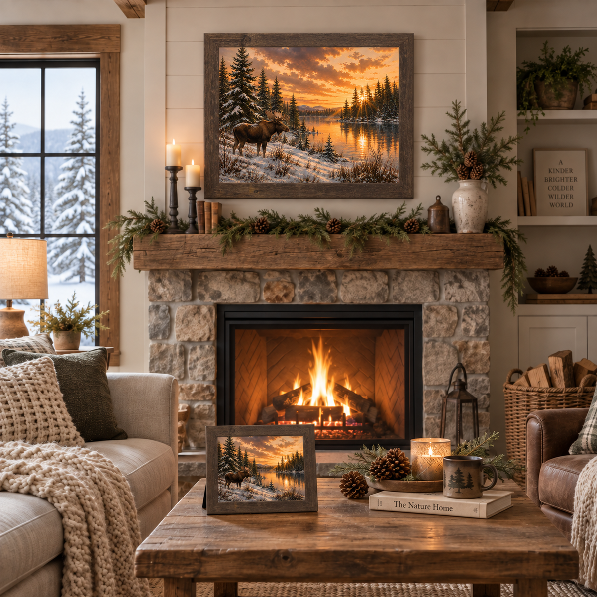 Natural brown framed moose sunset wall art displayed above a stone fireplace mantle with candles, pine garland, and a pinecone-filled vase, alongside a matching smaller piece on a wooden coffee table styled with a lantern candle and nature books