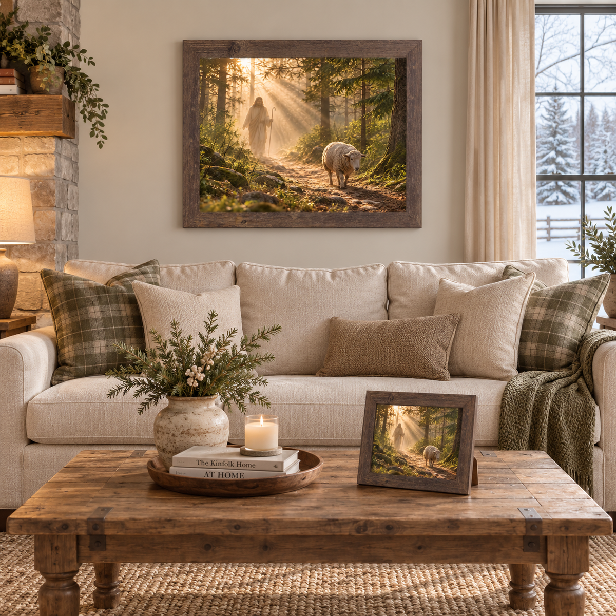 Natural brown framed Good Shepherd Christian wall art displayed above a cream sofa with plaid and textured pillows, a stone fireplace nearby, alongside a matching smaller piece on a wooden coffee table styled with a candle and books