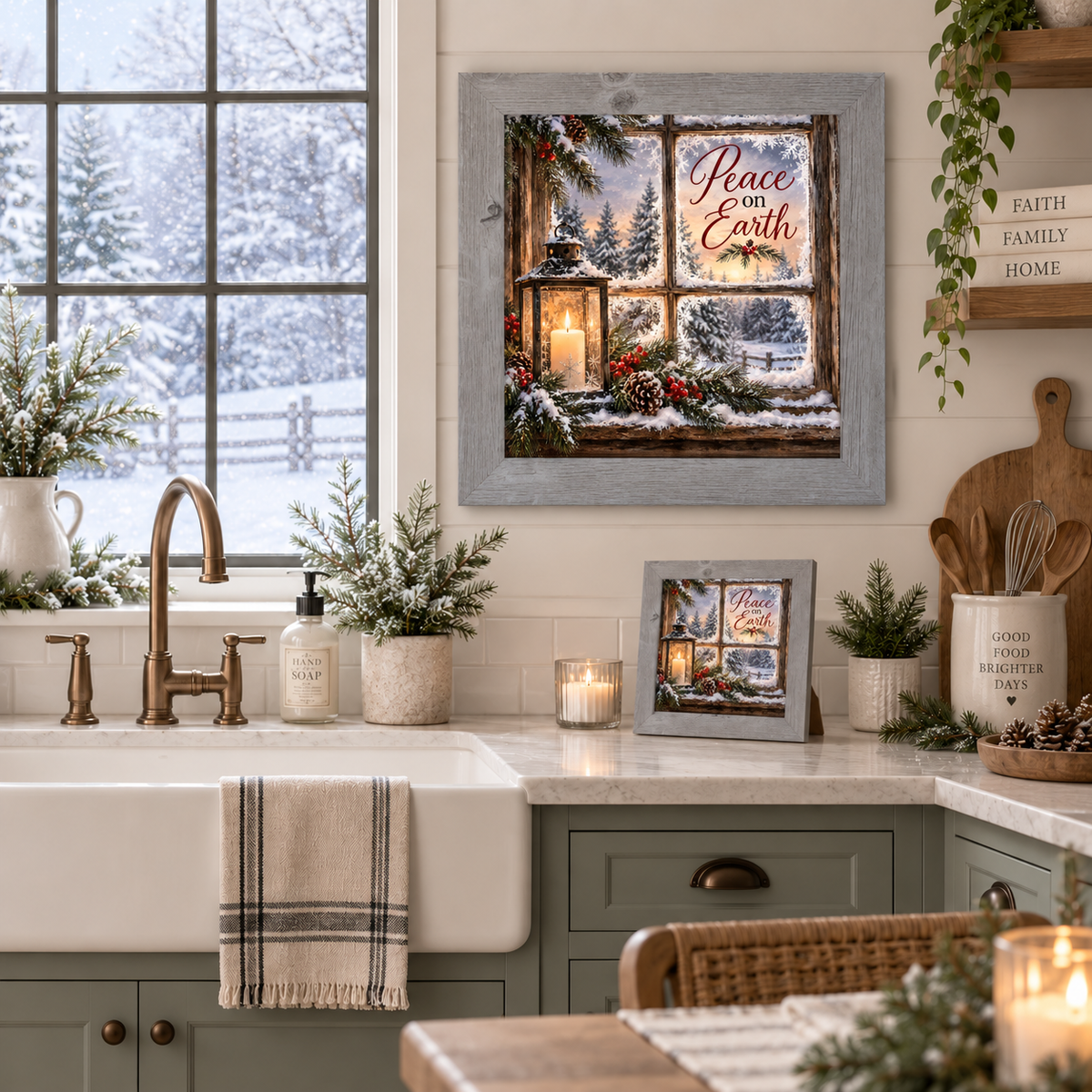 Peace on Earth wall art in a gray frame above a farmhouse kitchen sink