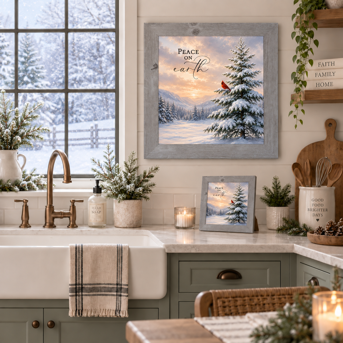 Peace on Earth wall art in a gray frame above a farmhouse kitchen sink