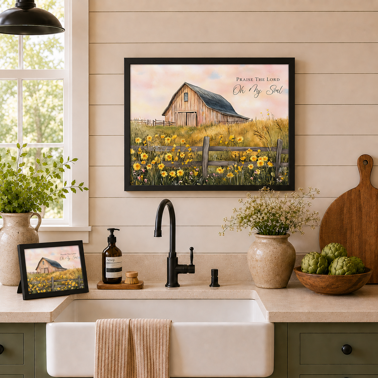 Farmhouse kitchen with Praise The Lord Oh My Soul wall art SB254 in a black frame above a white farmhouse sink on shiplap — larger size on wall and 10x8 easel back on counter beside Aesop soap and cutting board