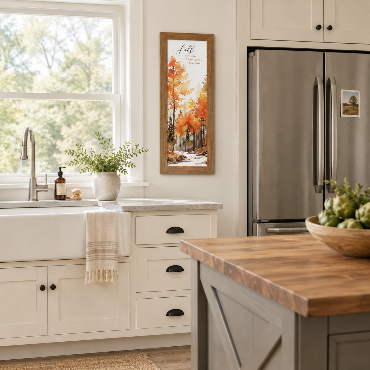 Farmtable framed Fall Shows Us How Beautiful Change Can Be narrow portrait fall wall art SN784 displayed in bright farmhouse kitchen beside window between sink and refrigerator — vivid watercolor autumn orange gold and red forest trees with elegant mixed typography — butcher block island farmhouse sink and greenery in white vase