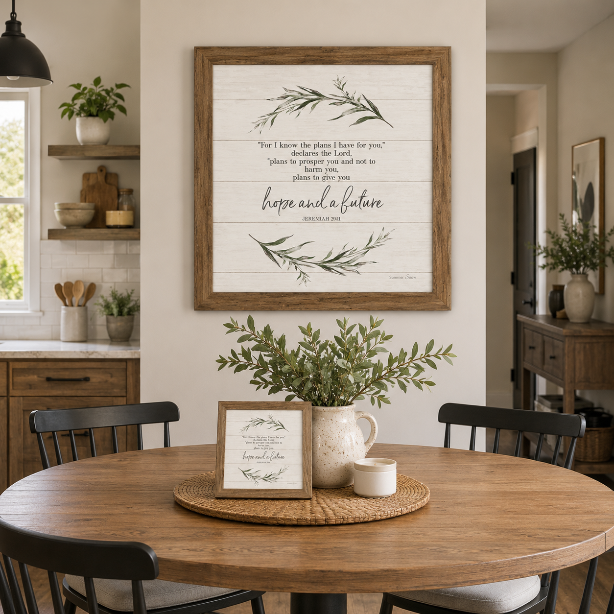 Farmtable framed Jeremiah 29:11 Hope and a Future square wall art SS911 displayed large above farmhouse dining table with smaller easel back on table beside eucalyptus in pitcher — farmhouse kitchen with open shelving wood tones and shiplap background