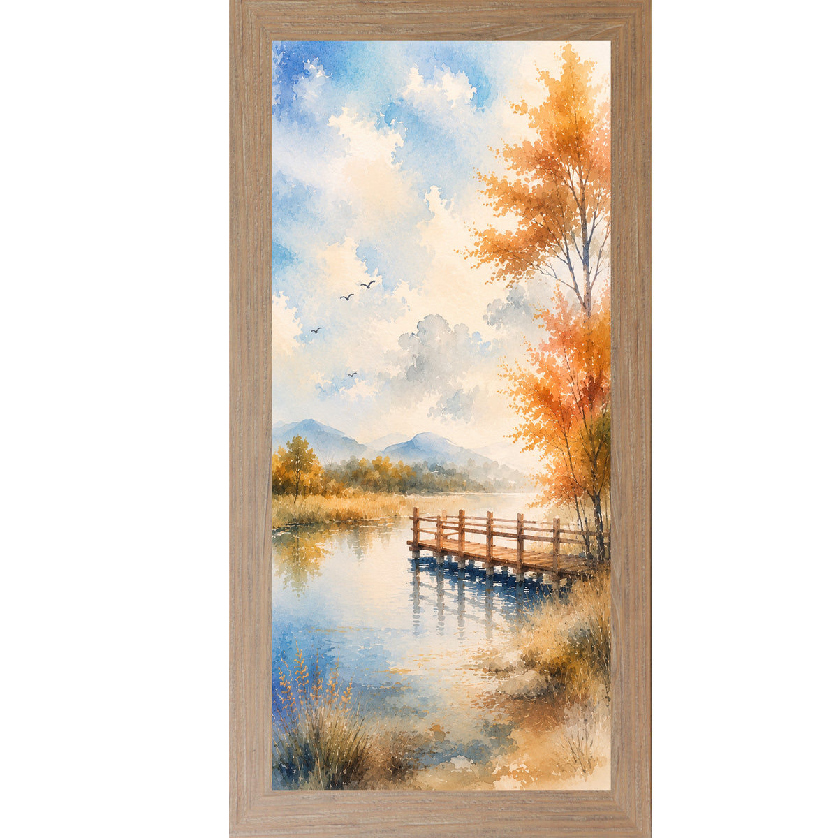 Farmtable framed tall portrait scenic wall art featuring a watercolor autumn pier over still lake water with golden autumn tree birds in sky and misty mountains