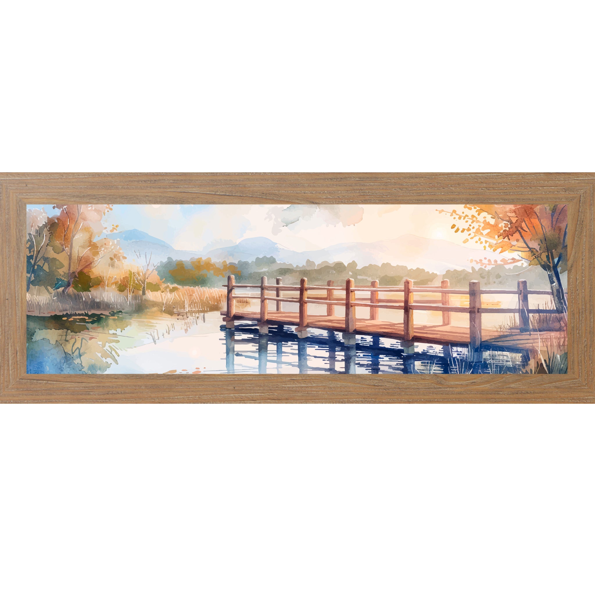 Farmtable framed wide panoramic scenic wall art featuring a watercolor autumn bridge over still lake water with golden sunburst amber autumn trees and misty mountains