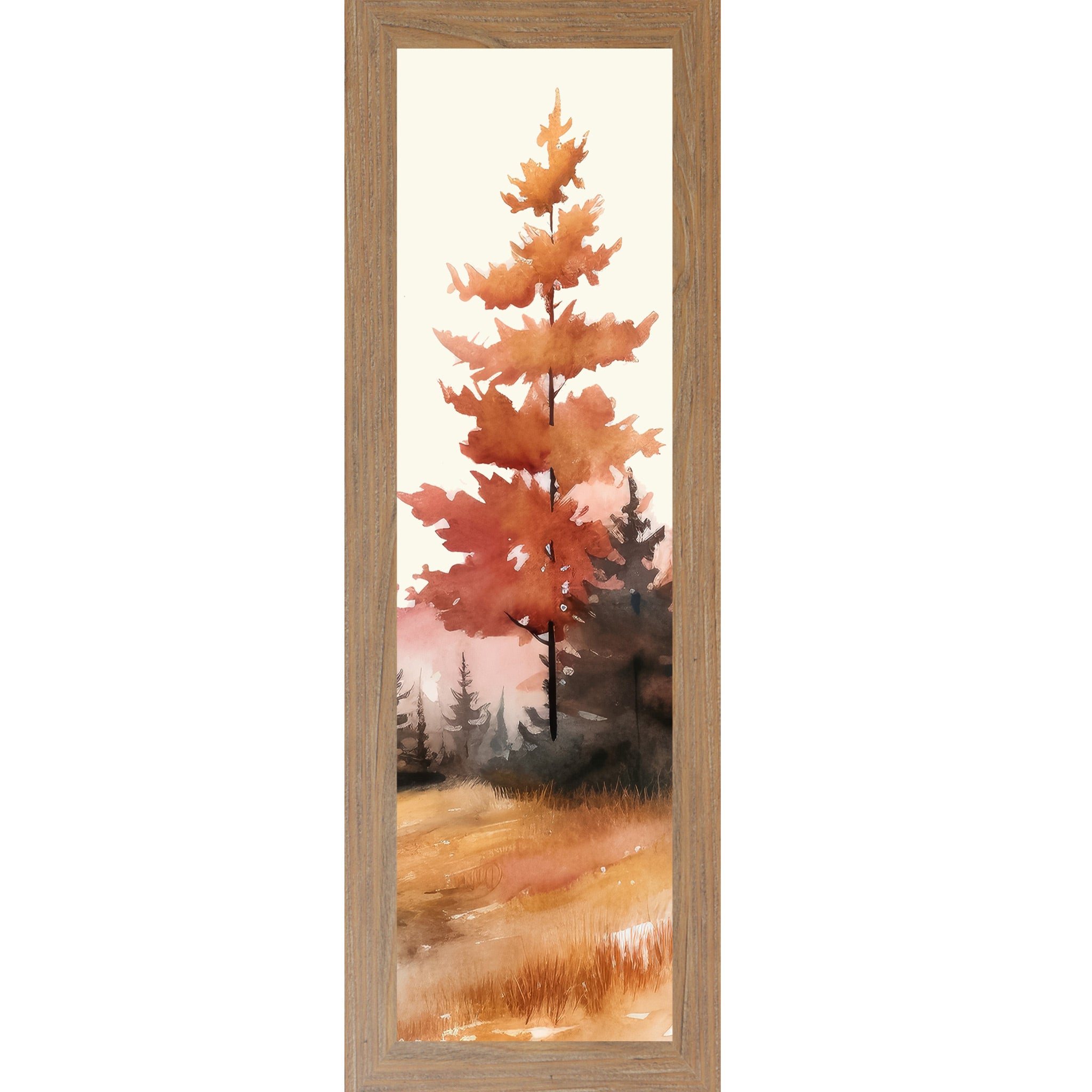 Farmtable framed narrow portrait fall wall art featuring a single bold pine tree in deep autumn orange and crimson watercolor style with dark misty forest and golden field