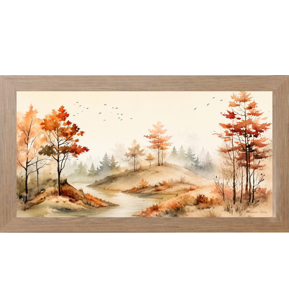 Farmtable framed wide landscape fall wall art featuring watercolor autumn river valley with amber and burnt orange trees birds in flight and misty evergreen forest — Autumn River SB764