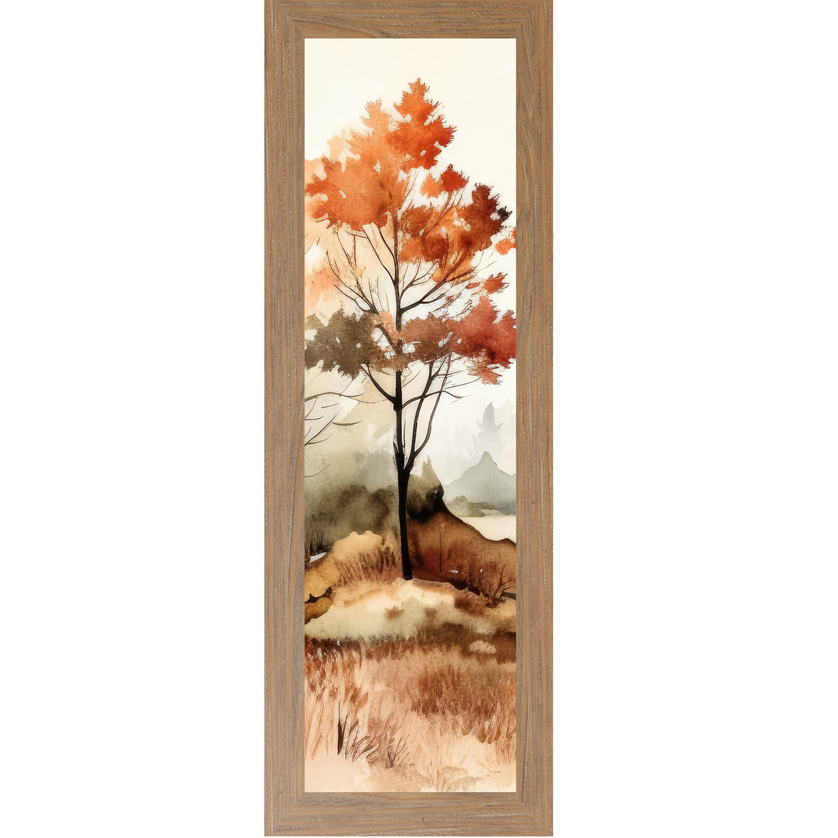 Farmtable framed narrow portrait fall wall art featuring a single autumn tree in loose watercolor style with burnt orange canopy misty mountains and golden grasses