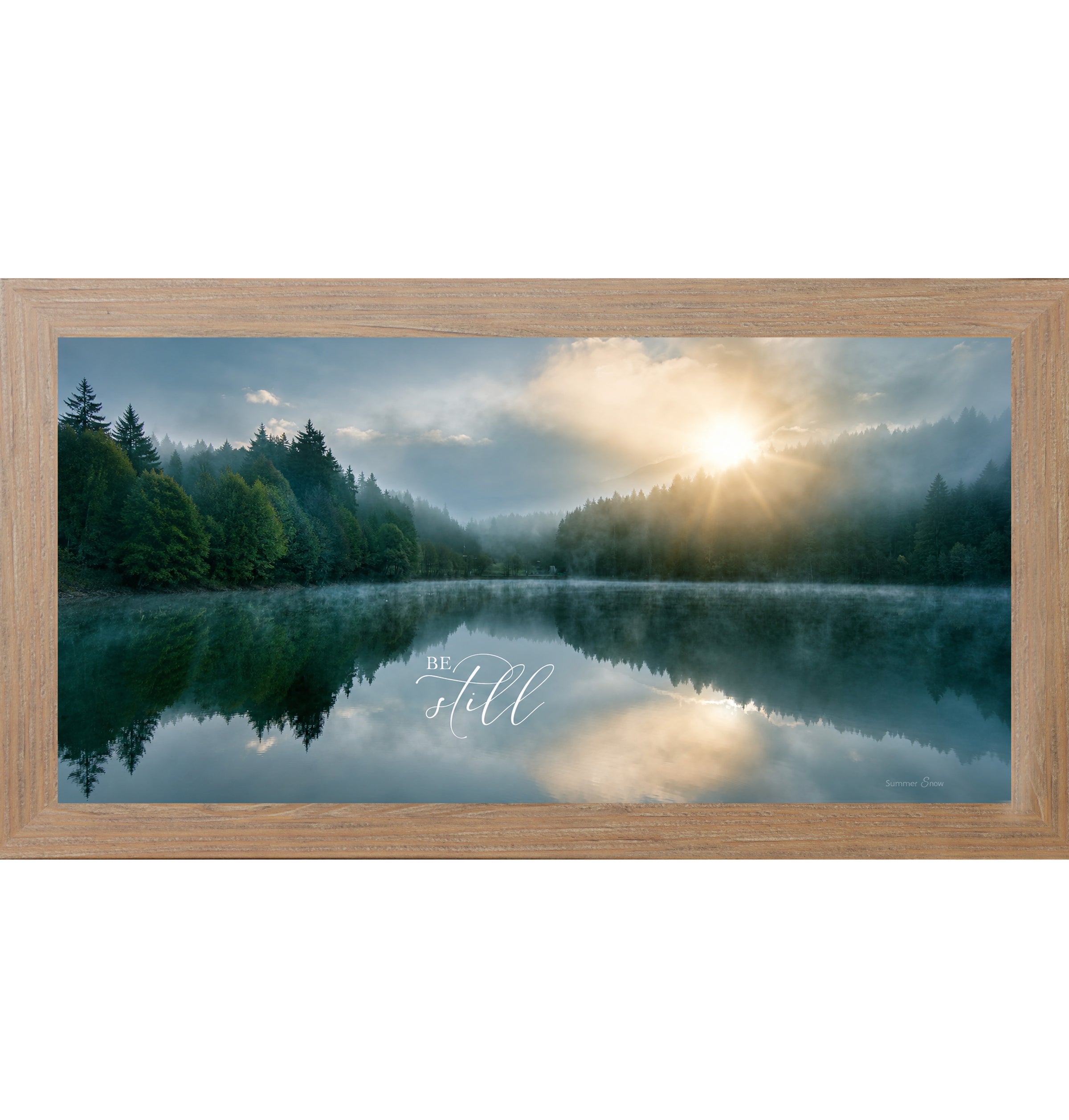 Farmtable framed wide landscape Christian scripture wall art featuring misty lake sunrise with pine forest reflection and golden sun with the words Be Still — SB765