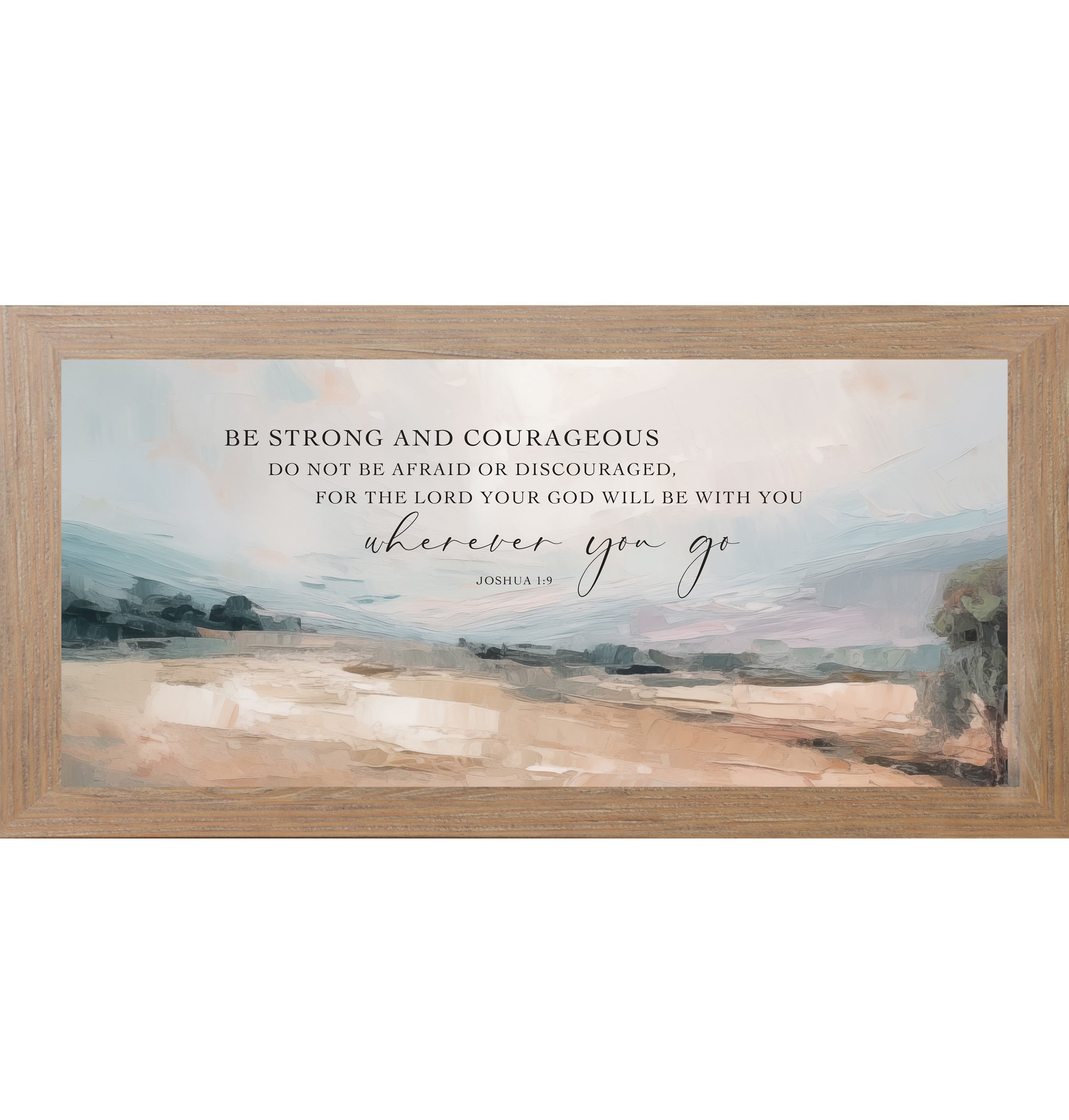 Farmtable framed wide landscape Christian wall art with Be Strong and Courageous Joshua 1:9 scripture in elegant script over soft peach blue-grey sky and warm terracotta field with single tree right edge