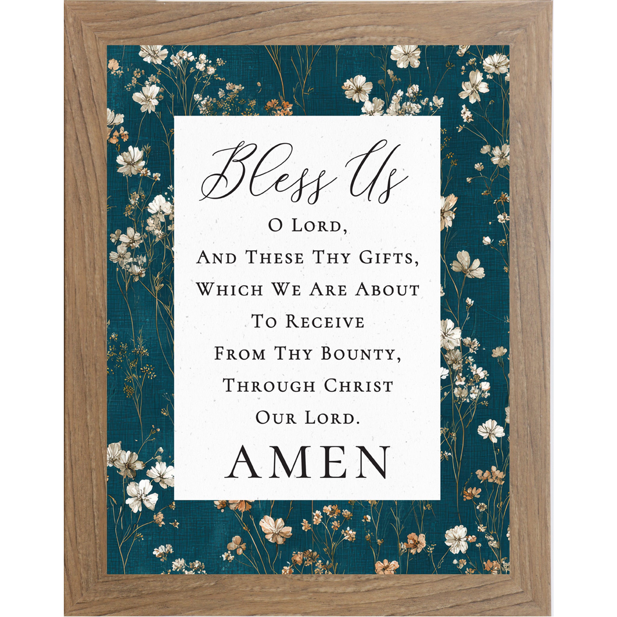 Farmtable framed portrait Catholic prayer wall art with teal floral botanical border and white center panel with Bless Us O Lord mealtime prayer text in elegant script