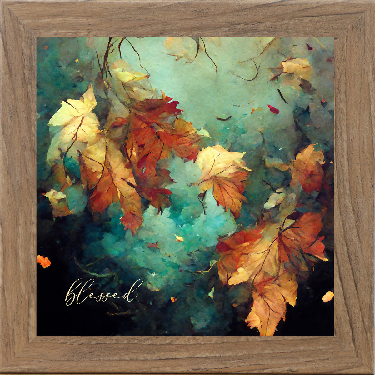 Farmtable framed square fall wall art featuring teal watercolor autumn maple leaves in amber and burnt orange with the word "blessed" in gold script — Blessed SB305
