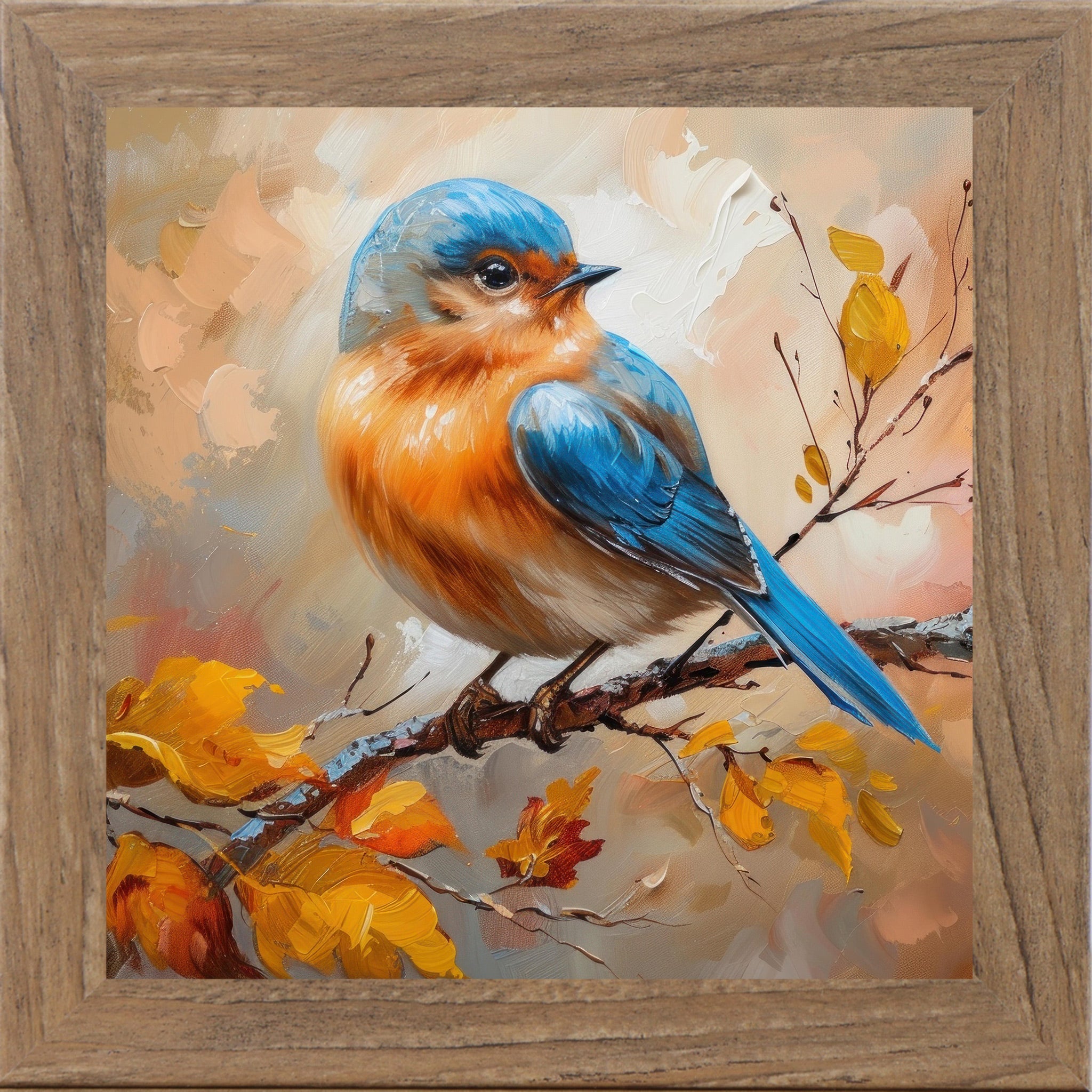 Farmtable framed square bluebird autumn wall art featuring vivid blue orange and cream bluebird in oil painted impasto style perched on autumn branch with golden amber and rust fall leaves on warm peach background — NS27