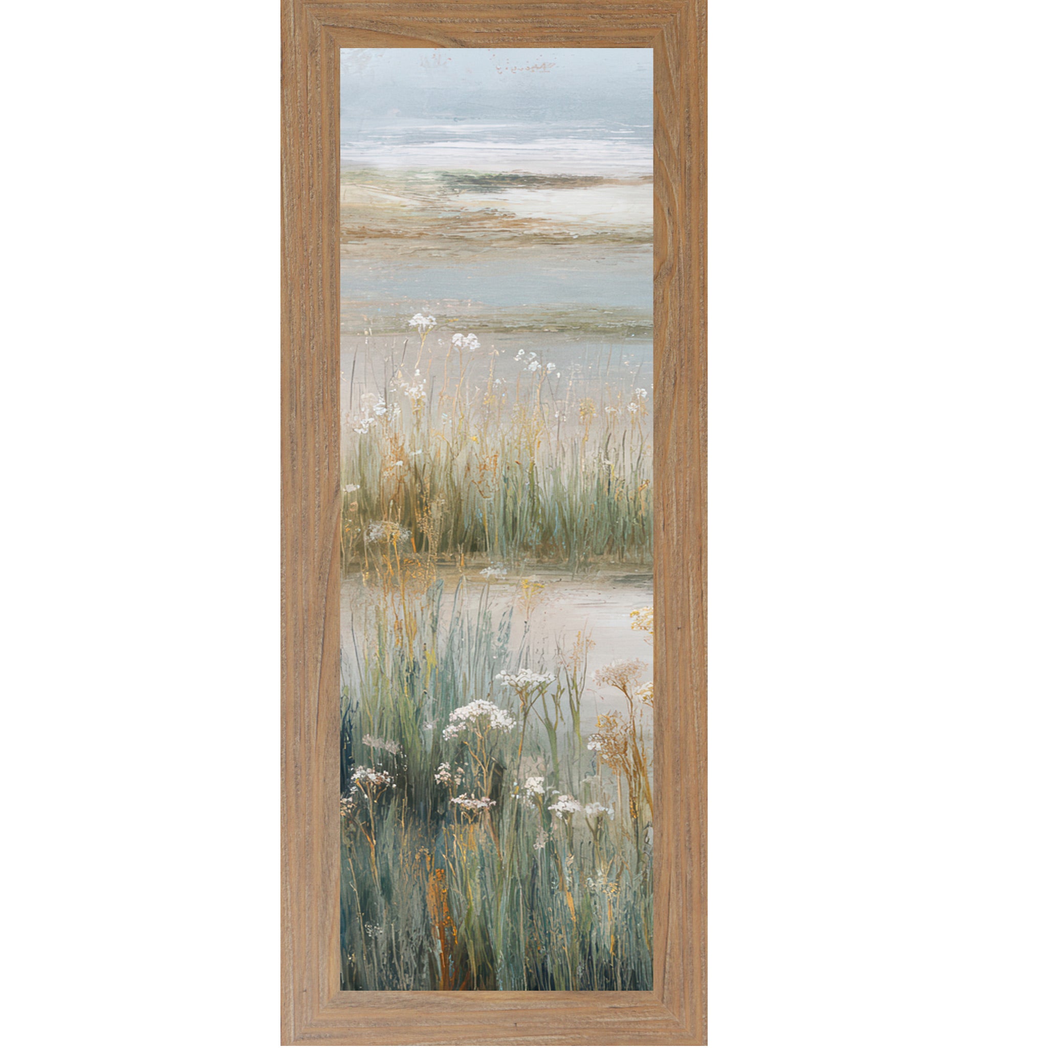 Farmtable framed narrow portrait coastal marsh wall art with dense teal marsh grasses white Queen Anne's Lace wildflowers and misty tidal flat — left panel of coastal triptych