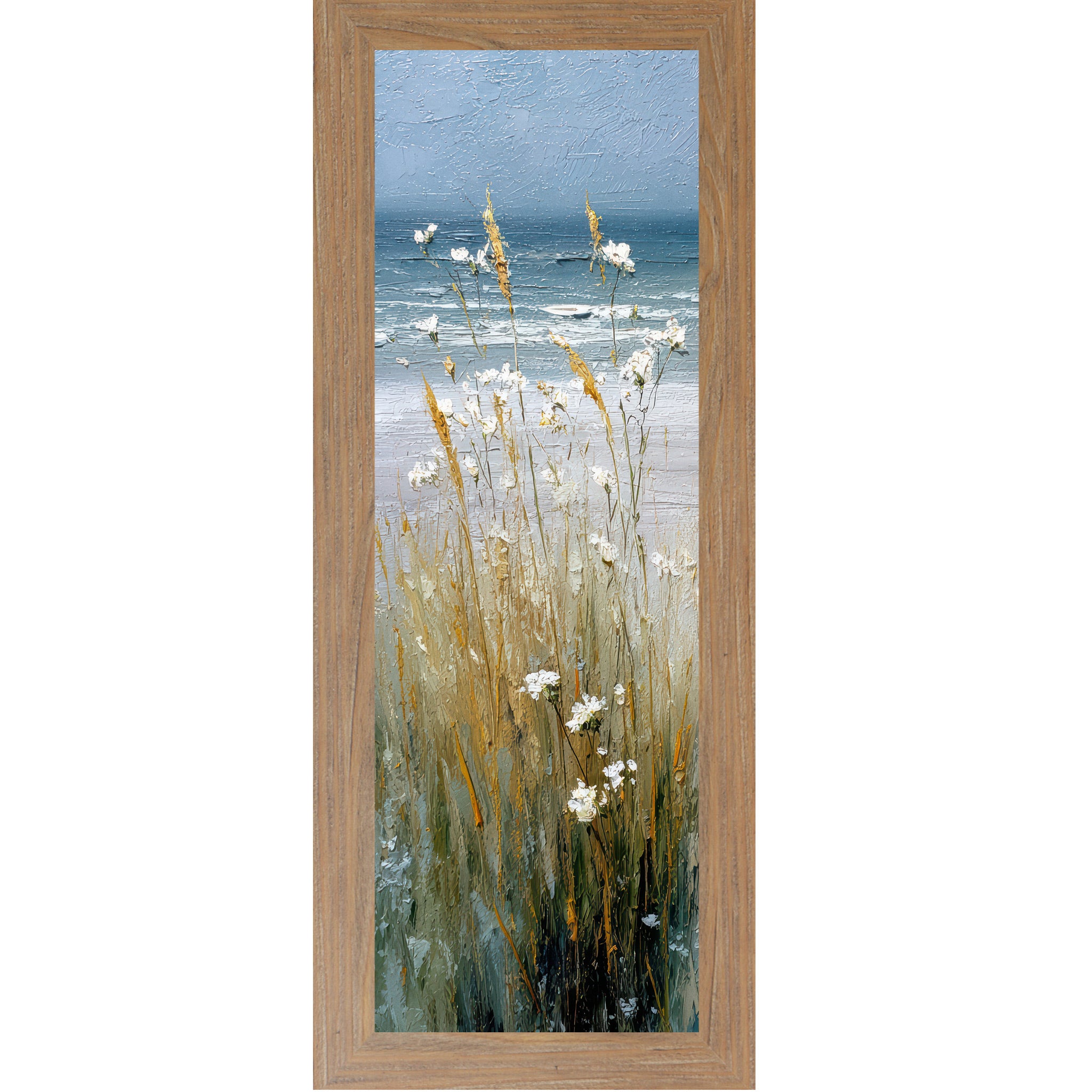 Farmtable framed narrow portrait coastal path center panel wall art featuring golden cattails and white wildflowers against a stormy teal ocean and heavy blue gray sky with no path visible