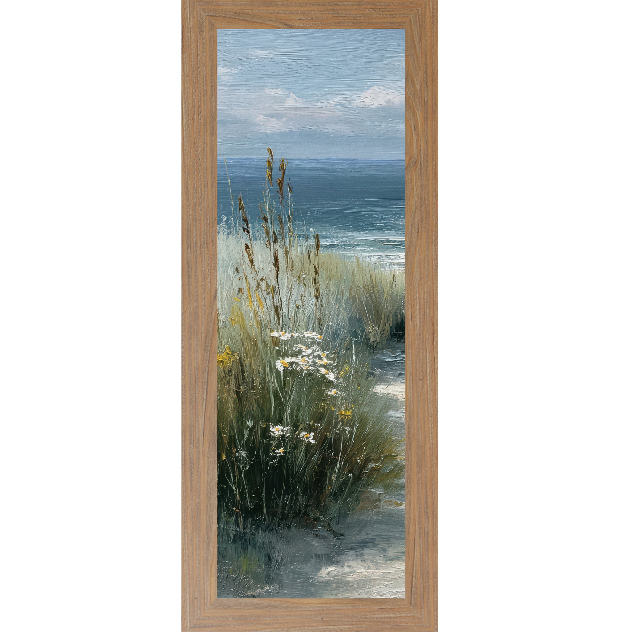 Farmtable framed narrow portrait coastal path left panel wall art featuring tall golden cattails and sea grasses with white daisies and yellow wildflowers and deep teal ocean in the distance