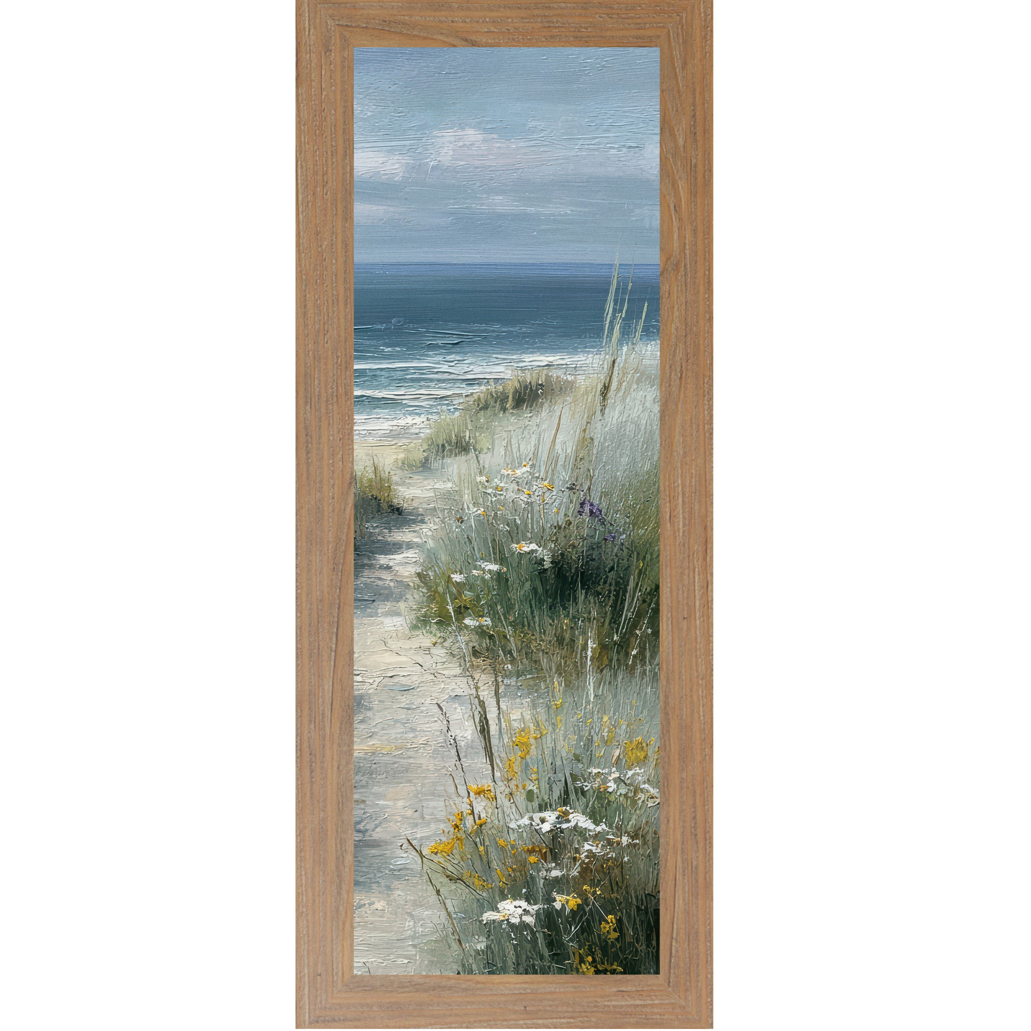 Farmtable framed narrow portrait coastal path right panel wall art featuring a sandy beach path curving right through sea grasses with yellow wildflowers and calm teal ocean under a bright sky