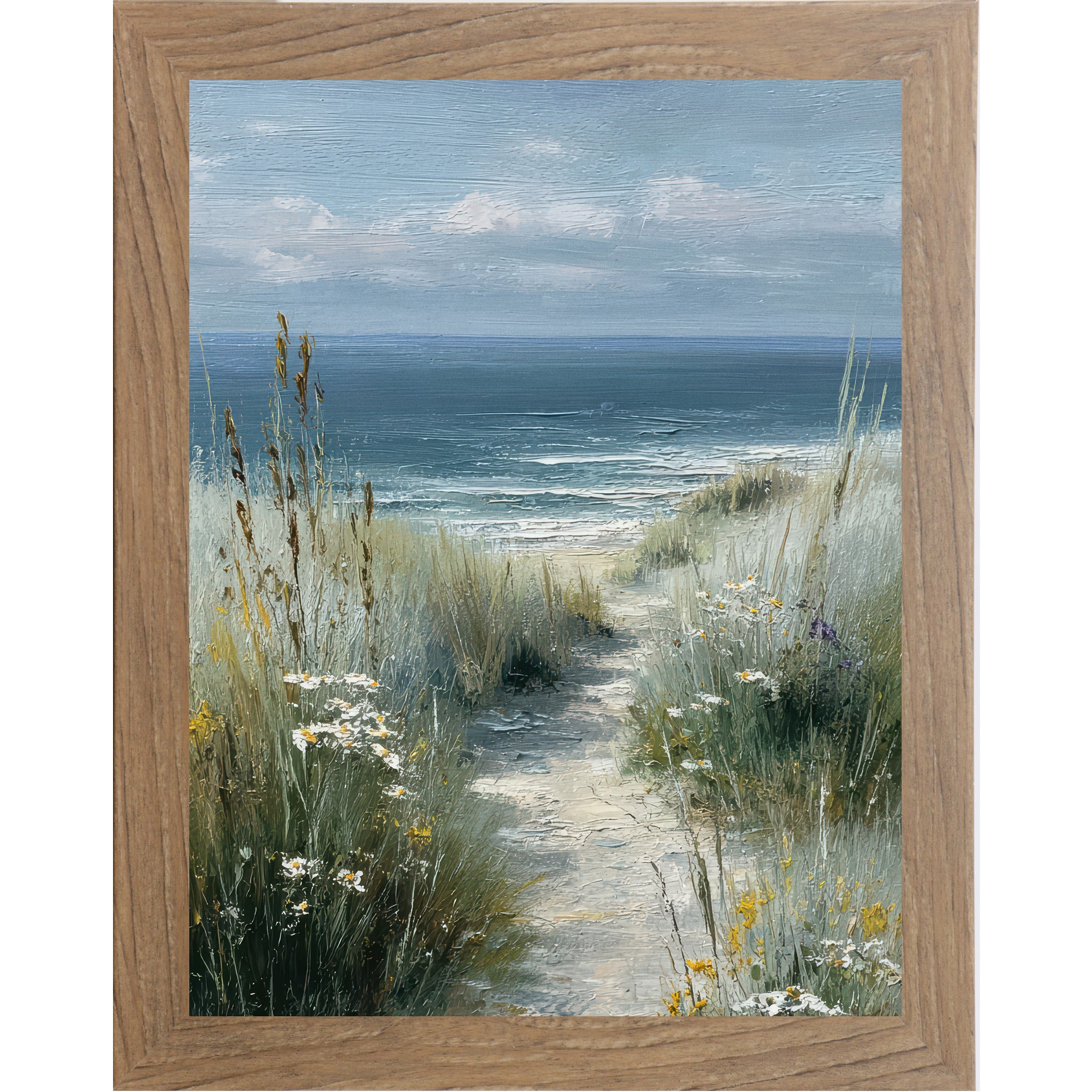 Farmtable framed portrait coastal path wall art featuring a sandy beach path winding through tall sea grasses white daisies and yellow wildflowers toward deep teal ocean waves under a pale blue sky
