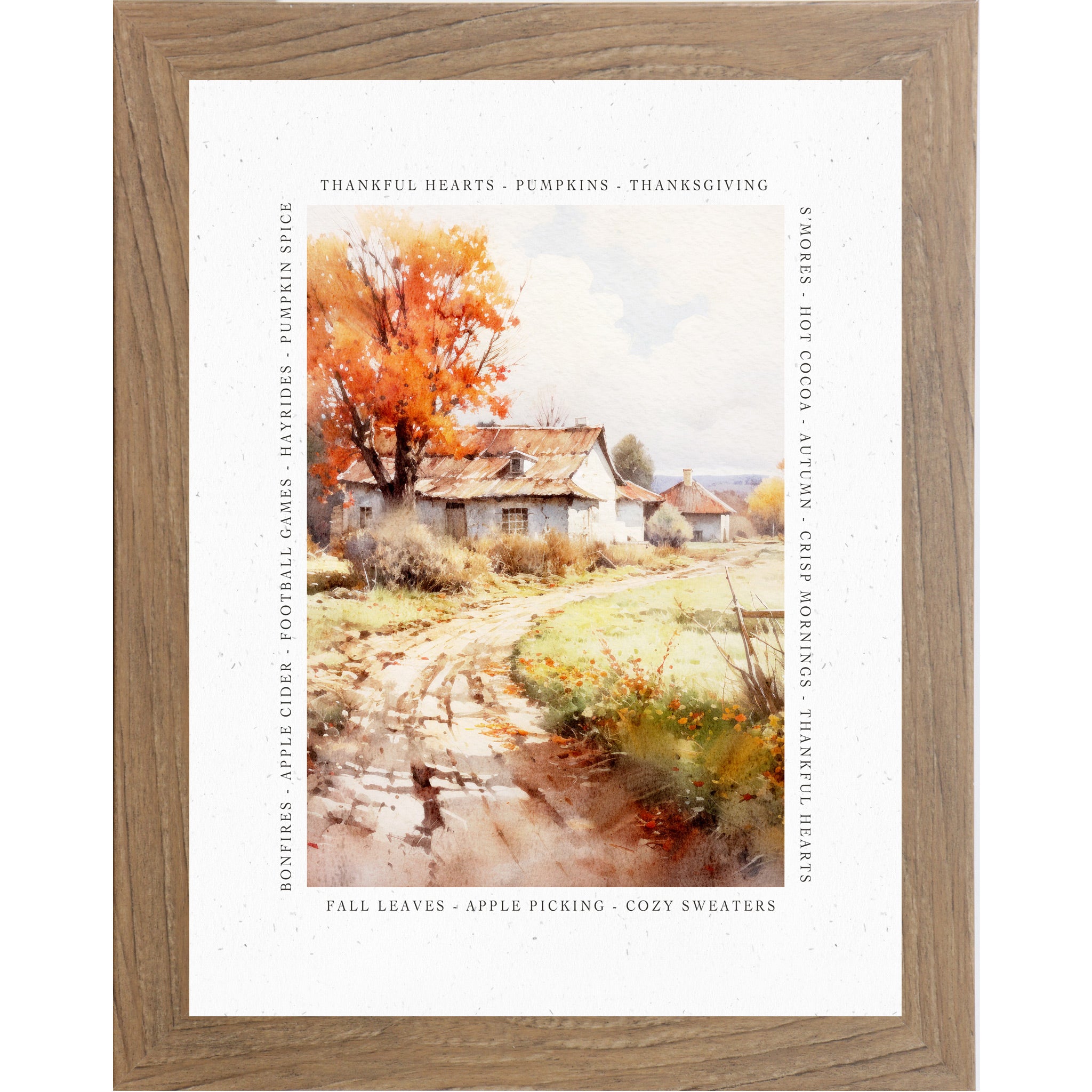 Farmtable framed portrait fall farmhouse porch wall art featuring watercolor Adirondack chair pumpkins and lantern surrounded by fall quote border — There Is Always Something To Be Thankful For Crisp Mornings Cozy Sweaters Falling Leaves Good Memories Fall Reminds Us How Beautiful Change Can Be — SN388