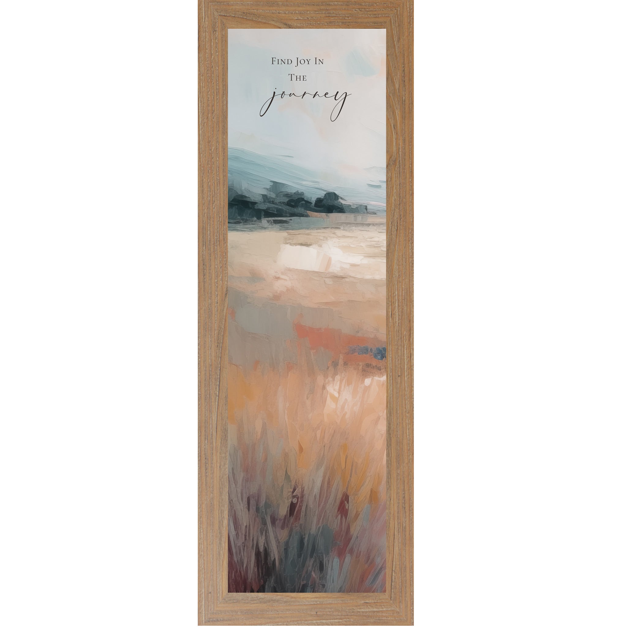 Farmtable framed narrow portrait inspirational wall art with Find Joy In The Journey quote over a terracotta abstract landscape with soft blue-grey sky and warm amber field with burgundy foreground grasses