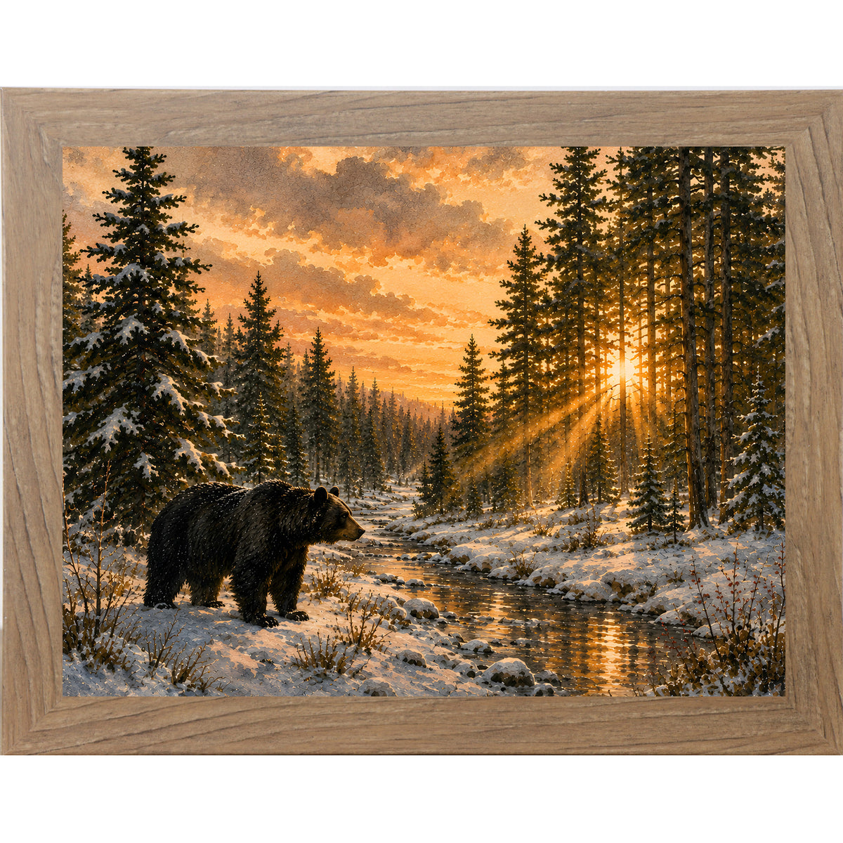 Farmtable framed landscape wall art featuring a black bear walking along a sunlit forest creek at golden hour